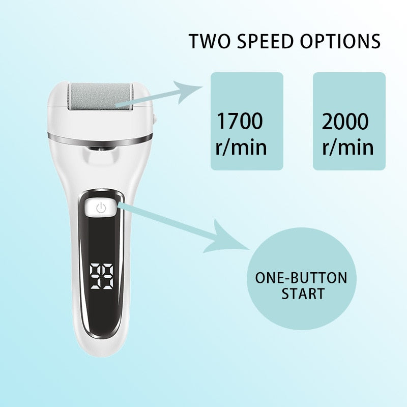 Portable Electric Foot File Callus Remover with USB charging and quartz sanding heads, designed for effective foot care.