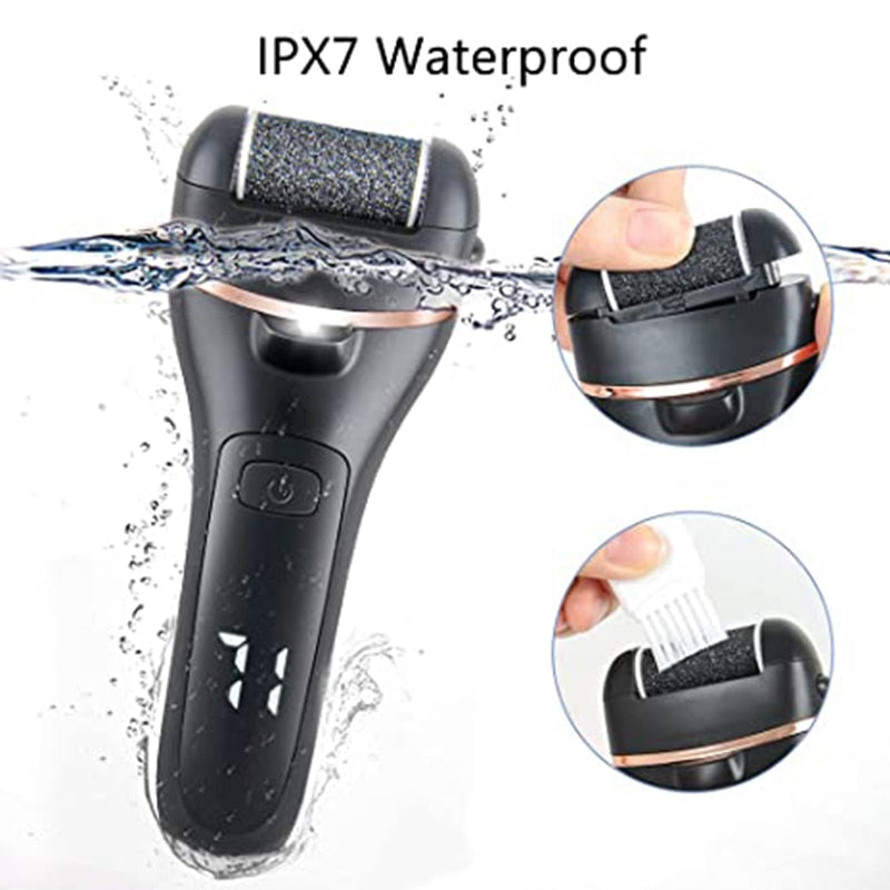 Portable Electric Foot File Callus Remover with USB charging and quartz sanding heads, designed for effective foot care.