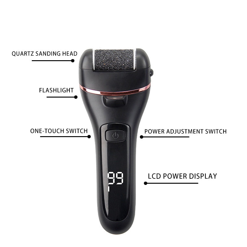 Portable Electric Foot File Callus Remover with USB charging and quartz sanding heads, designed for effective foot care.