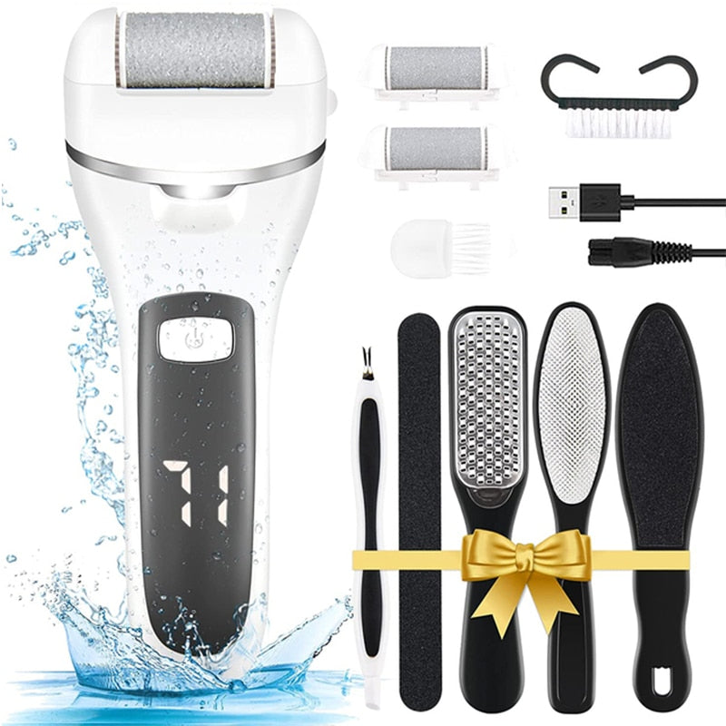 Portable Electric Foot File Callus Remover with USB charging and quartz sanding heads, designed for effective foot care.