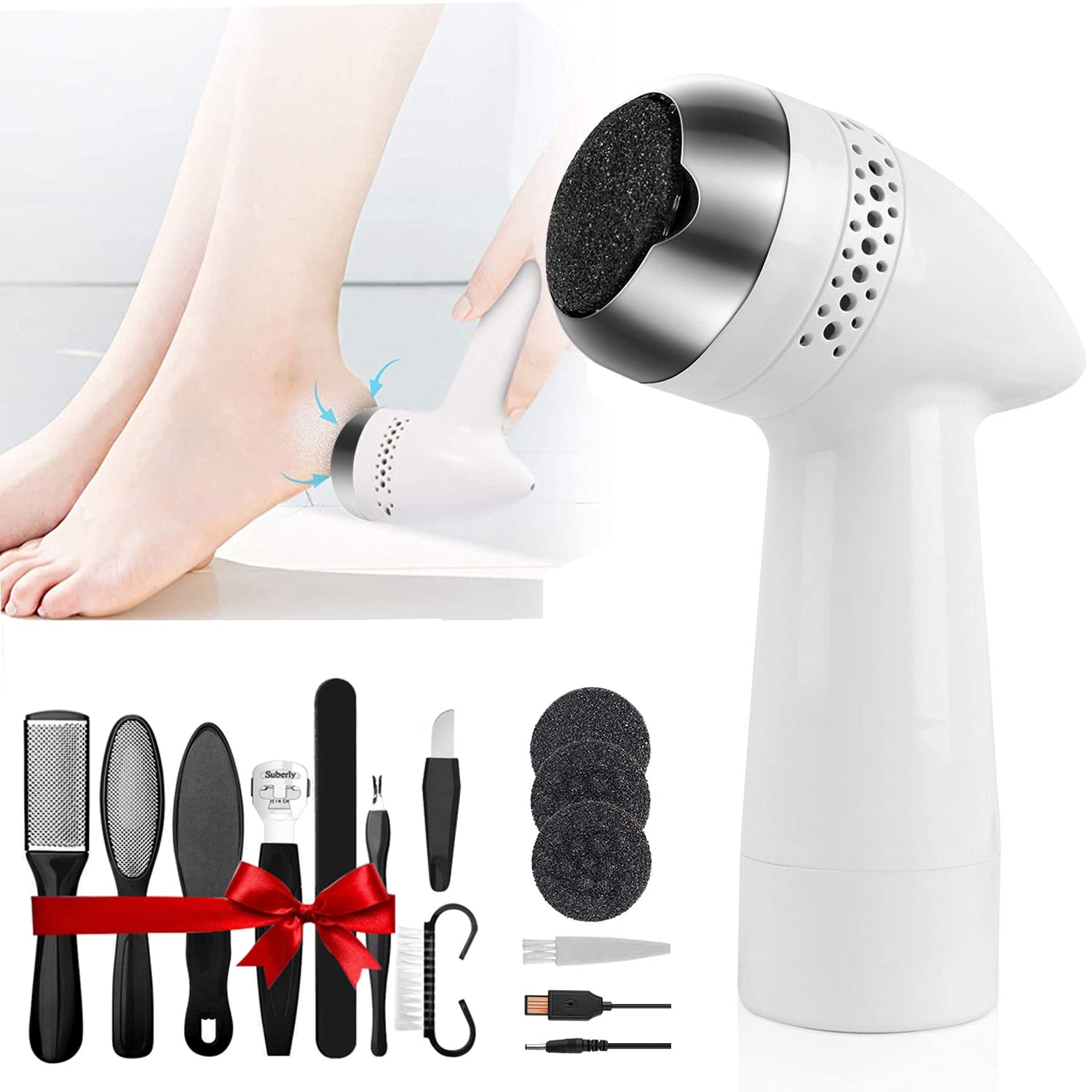 Portable Electric Grinder Pedicure Tool with three sanding heads and accessories for foot care.