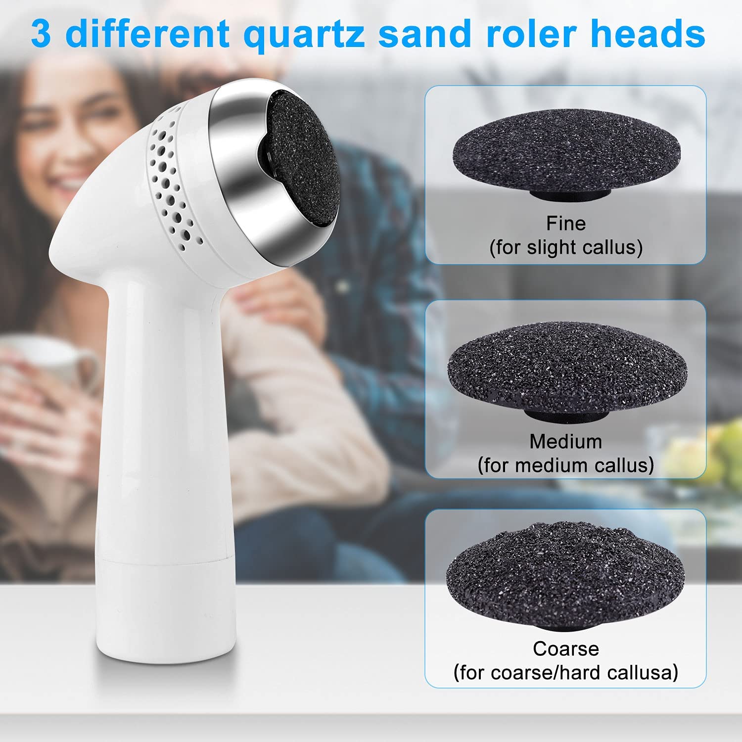 Portable Electric Grinder Pedicure Tool with three sanding heads and accessories for foot care.