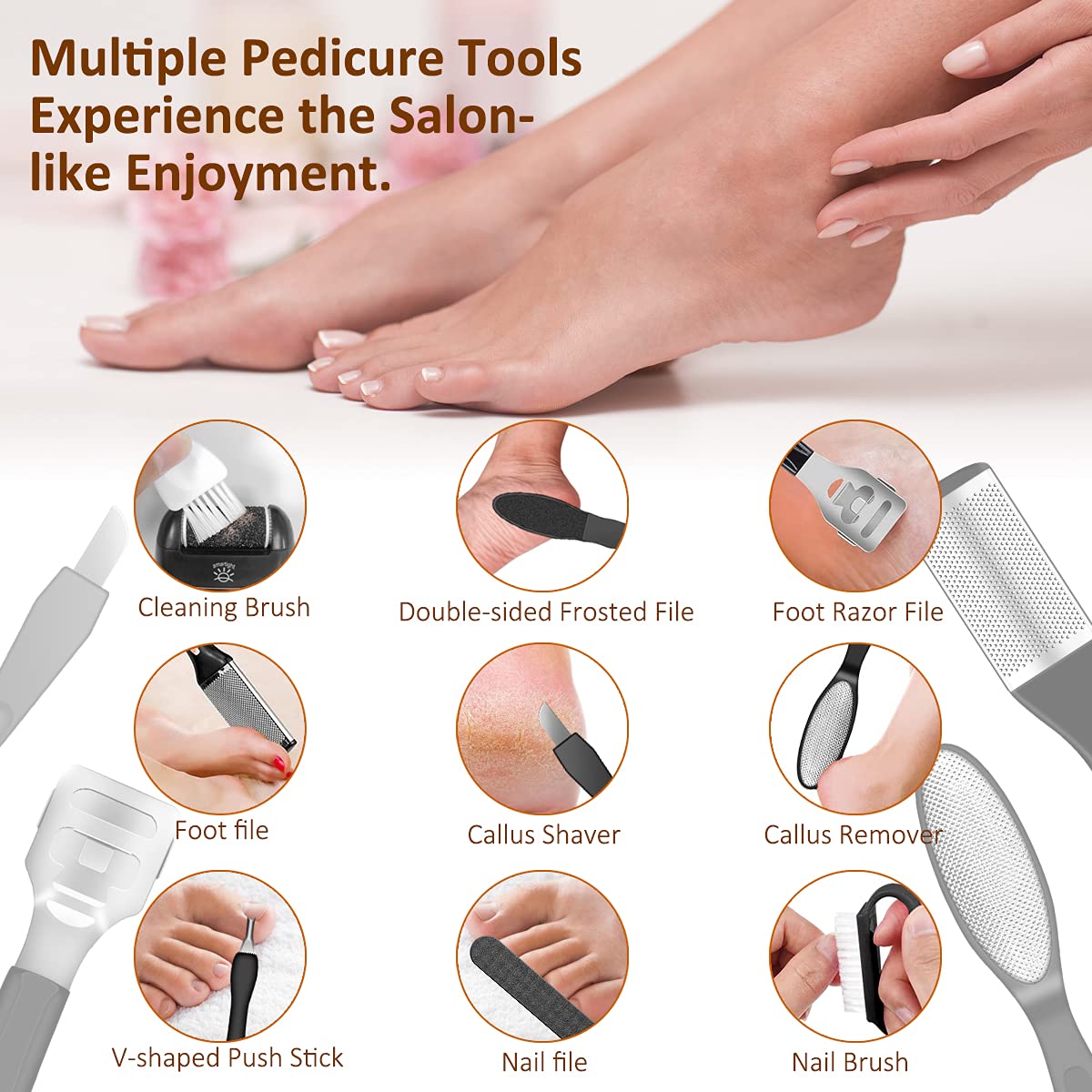 Portable Electric Grinder Pedicure Tool with three sanding heads and accessories for foot care.