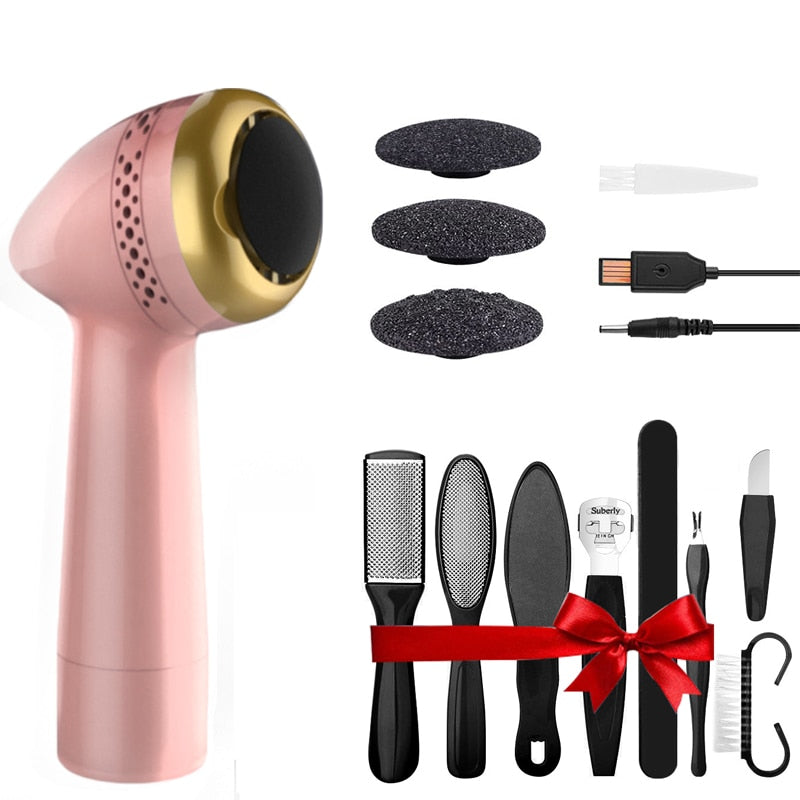 Portable Electric Grinder Pedicure Tool with three sanding heads and accessories for foot care.