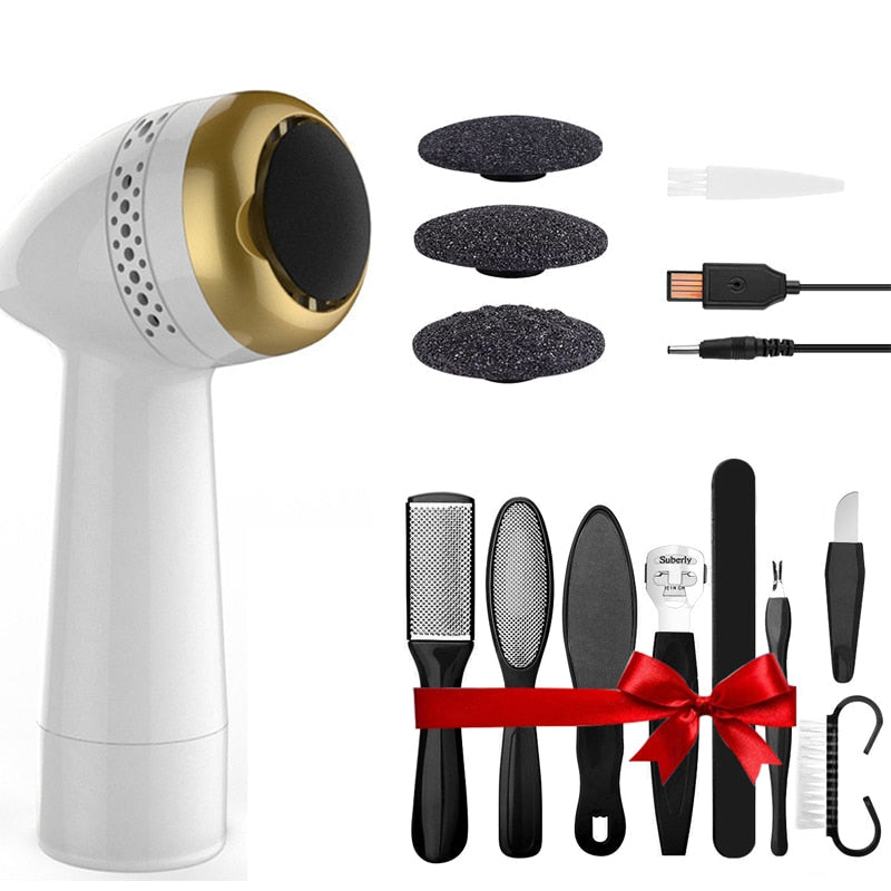 Portable Electric Grinder Pedicure Tool with three sanding heads and accessories for foot care.