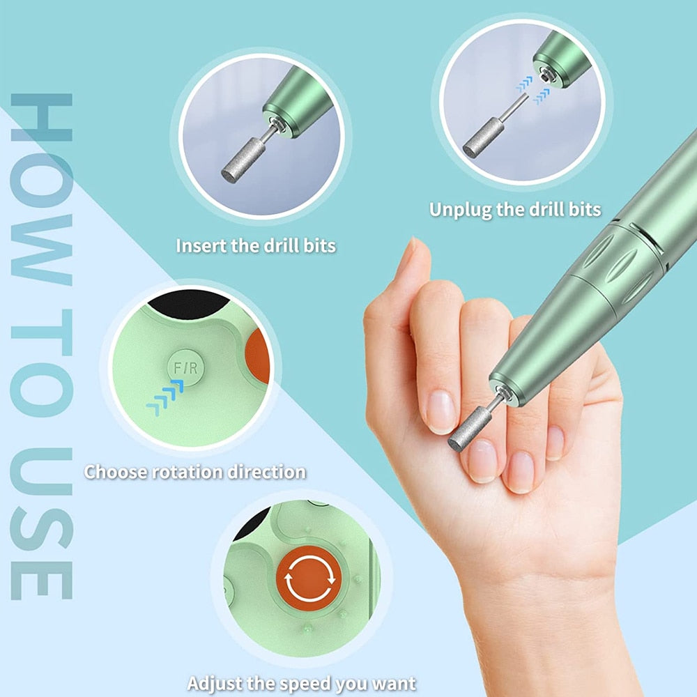 Portable Nail Drill Pen Polisher in white, green, and purple colors, showcasing its ergonomic design and LCD screen.