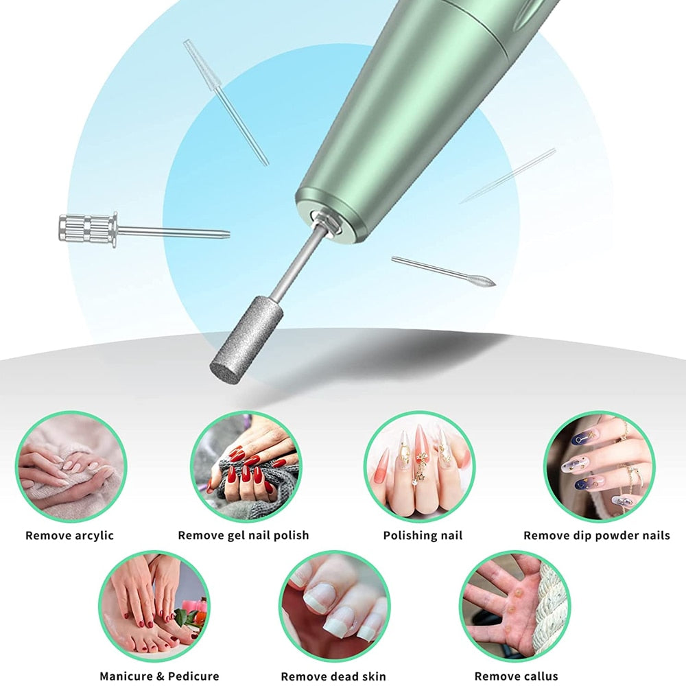 Portable Nail Drill Pen Polisher in white, green, and purple colors, showcasing its ergonomic design and LCD screen.