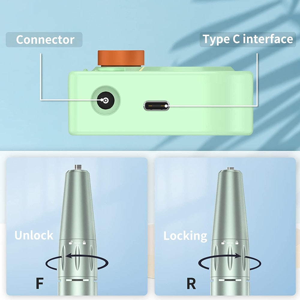 Portable Nail Drill Pen Polisher in white, green, and purple colors, showcasing its ergonomic design and LCD screen.