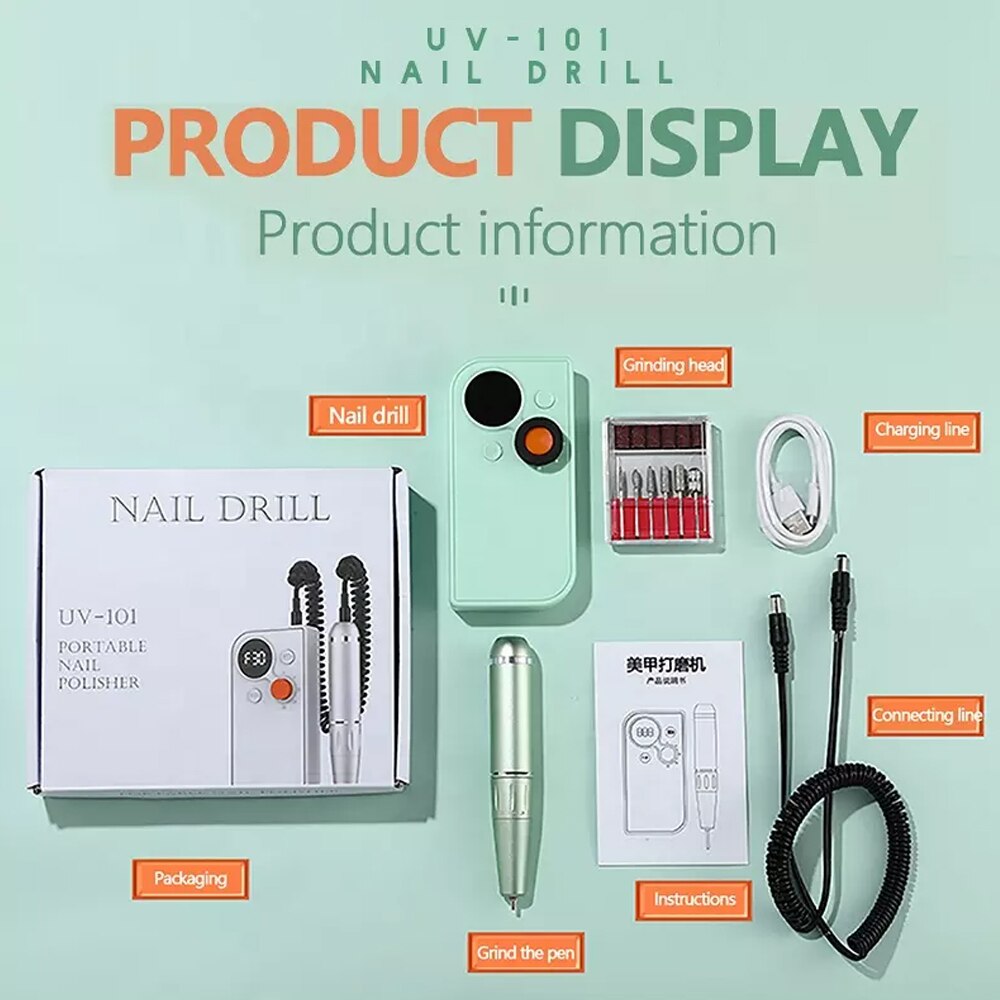 Portable Nail Drill Pen Polisher in white, green, and purple colors, showcasing its ergonomic design and LCD screen.