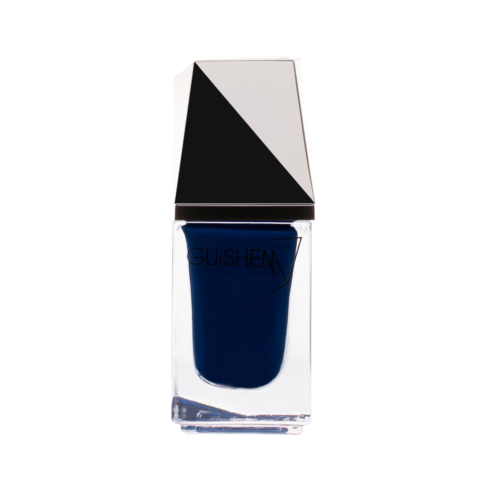 GUiSHEM Premium Nail Lacquer in navy blue crème, showcasing a sleek glass bottle and custom brush design.