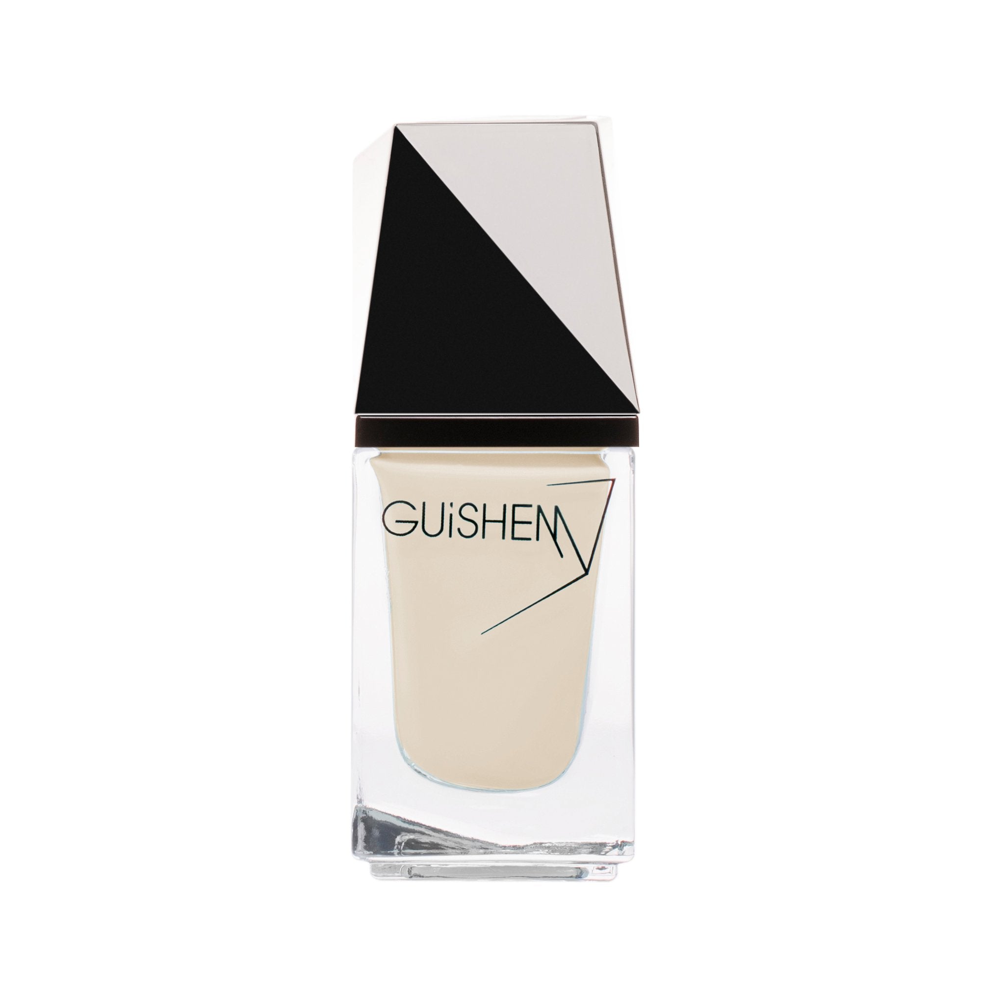 GUiSHEM Premium Nail Lacquer in Crème Brulee, a pale beige crème nail polish in a stylish glass bottle with a custom brush.