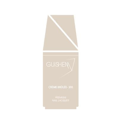 GUiSHEM Premium Nail Lacquer in Crème Brulee, a pale beige crème nail polish in a stylish glass bottle with a custom brush.