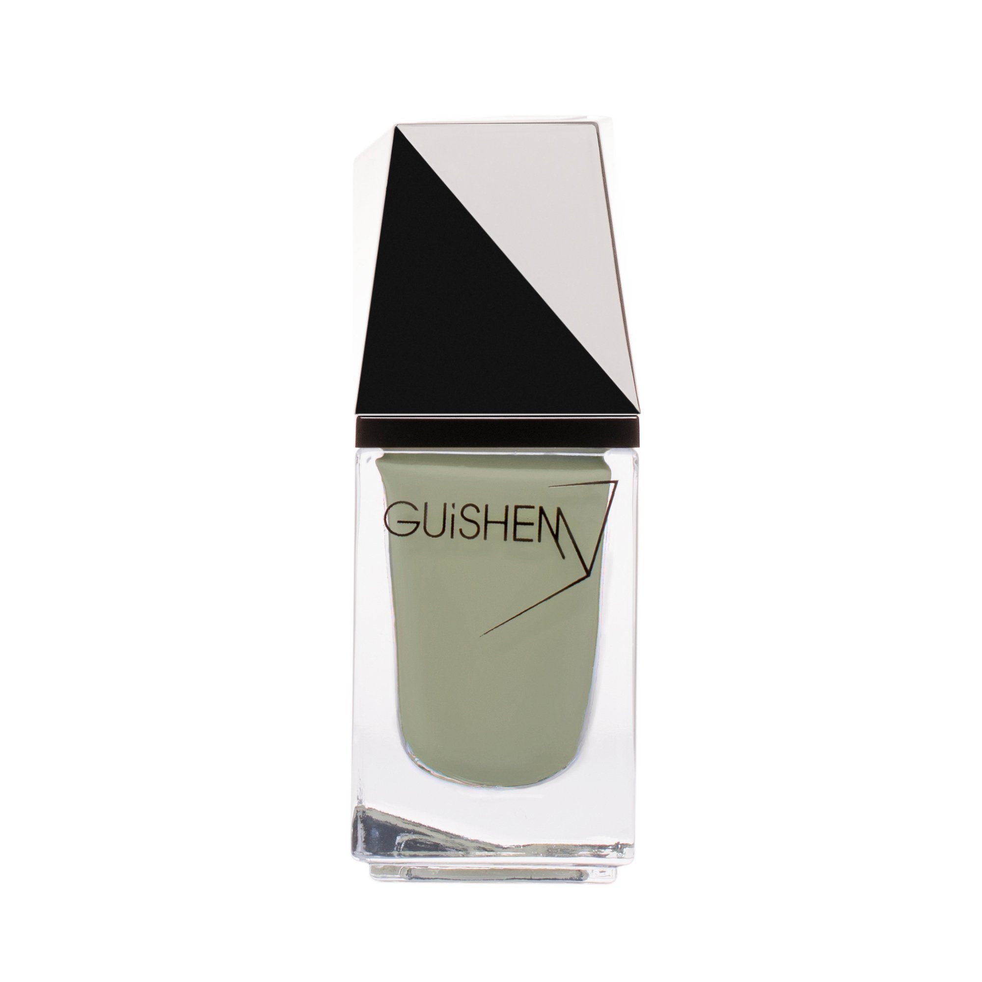 GUiSHEM Premium Nail Lacquer in Dusty Green, showcasing its sleek glass bottle and creamy mint green color.