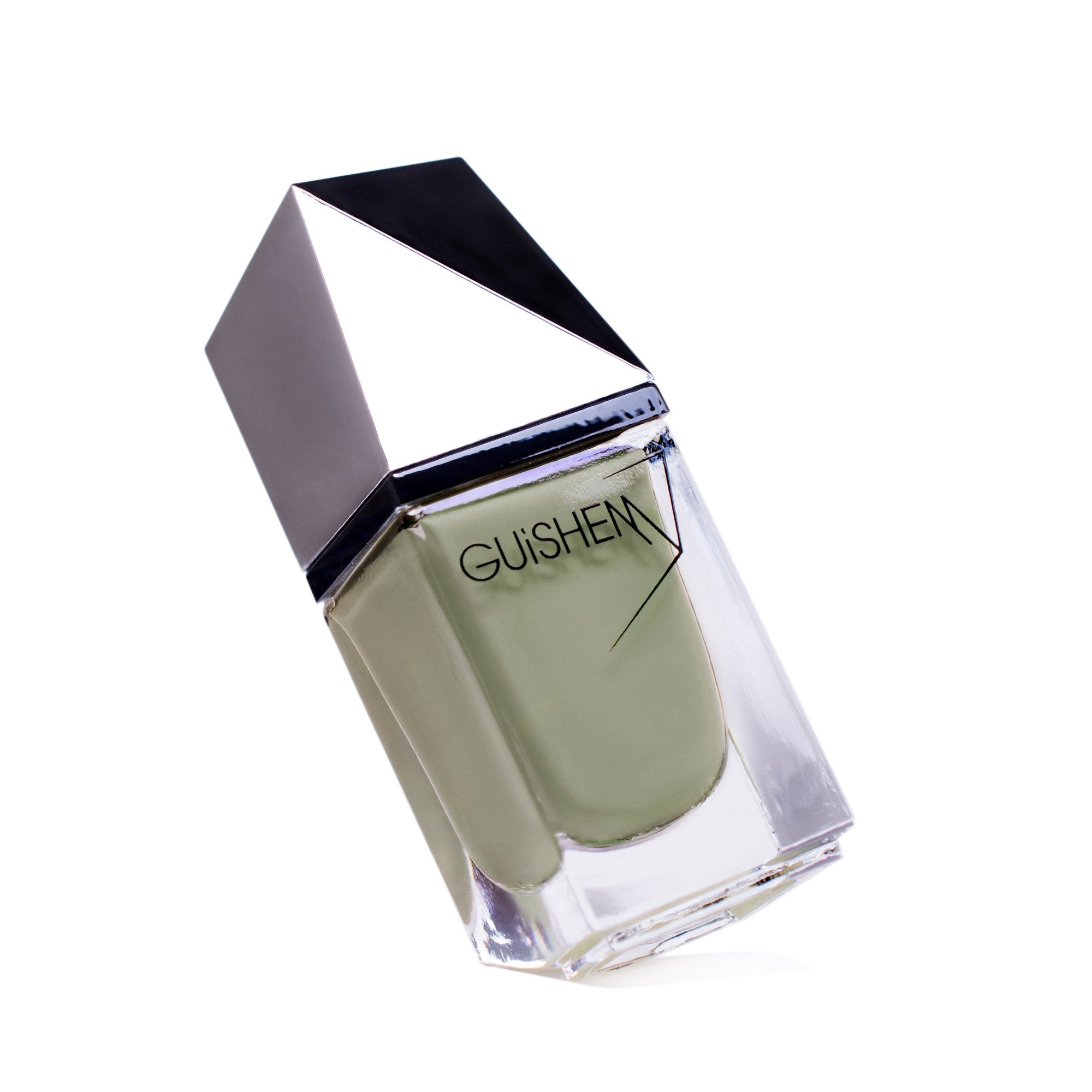 GUiSHEM Premium Nail Lacquer in Dusty Green, showcasing its sleek glass bottle and creamy mint green color.