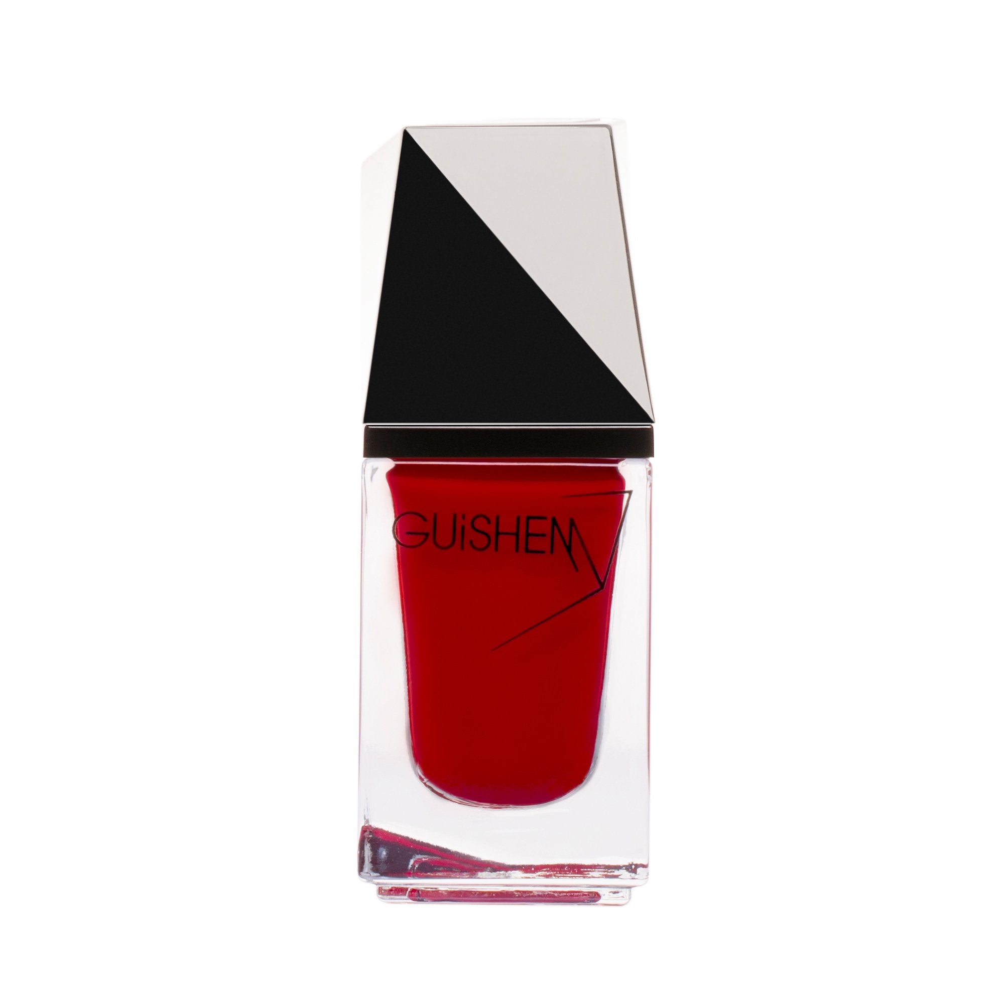 GUiSHEM Premium Nail Lacquer in TRUE RED, showcasing a sleek glass bottle and custom brush for easy application.