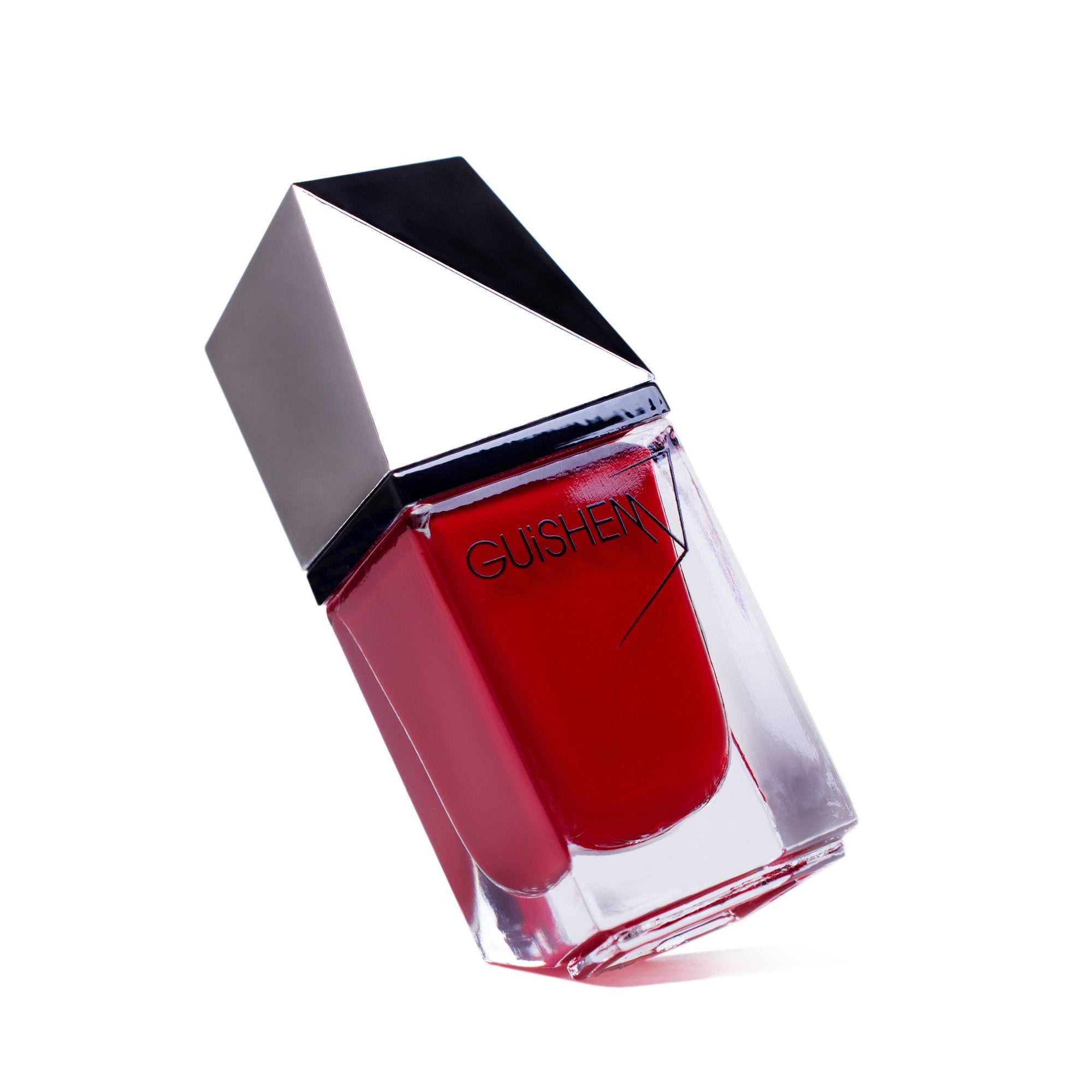 GUiSHEM Premium Nail Lacquer in TRUE RED, showcasing a sleek glass bottle and custom brush for easy application.