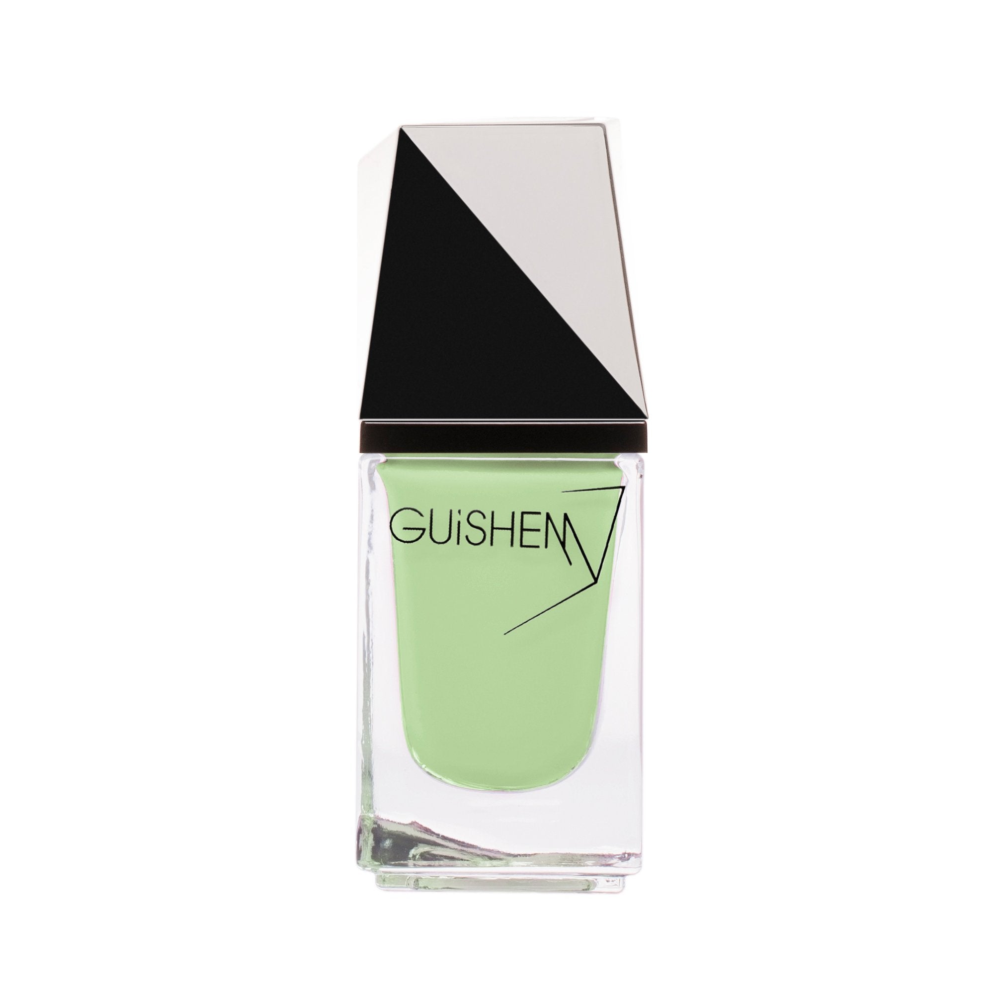 Bottle of GUiSHEM Premium Nail Lacquer in light lime green crème shade, showcasing its modern design and custom brush.