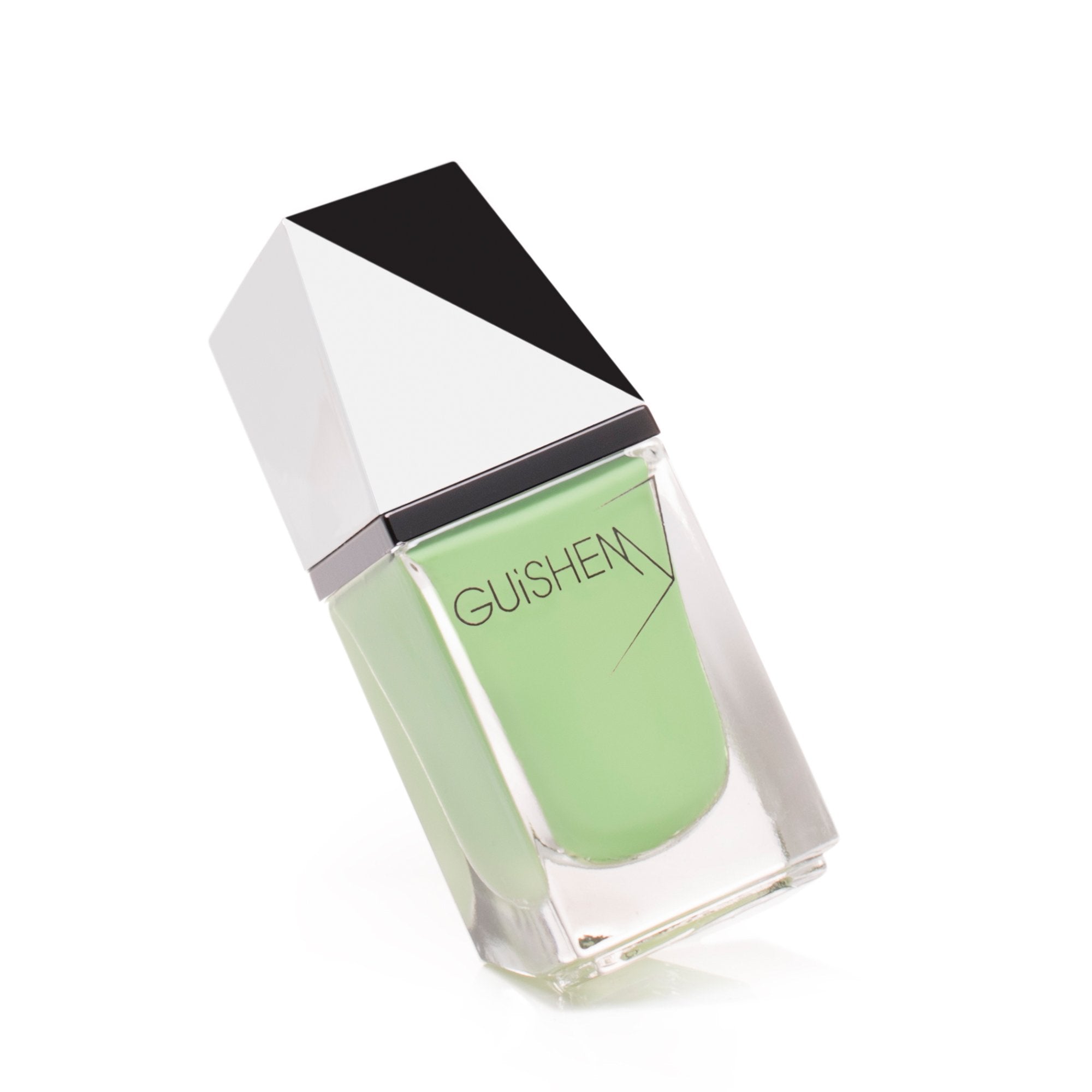 Bottle of GUiSHEM Premium Nail Lacquer in light lime green crème shade, showcasing its modern design and custom brush.