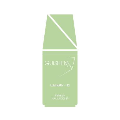 Bottle of GUiSHEM Premium Nail Lacquer in light lime green crème shade, showcasing its modern design and custom brush.