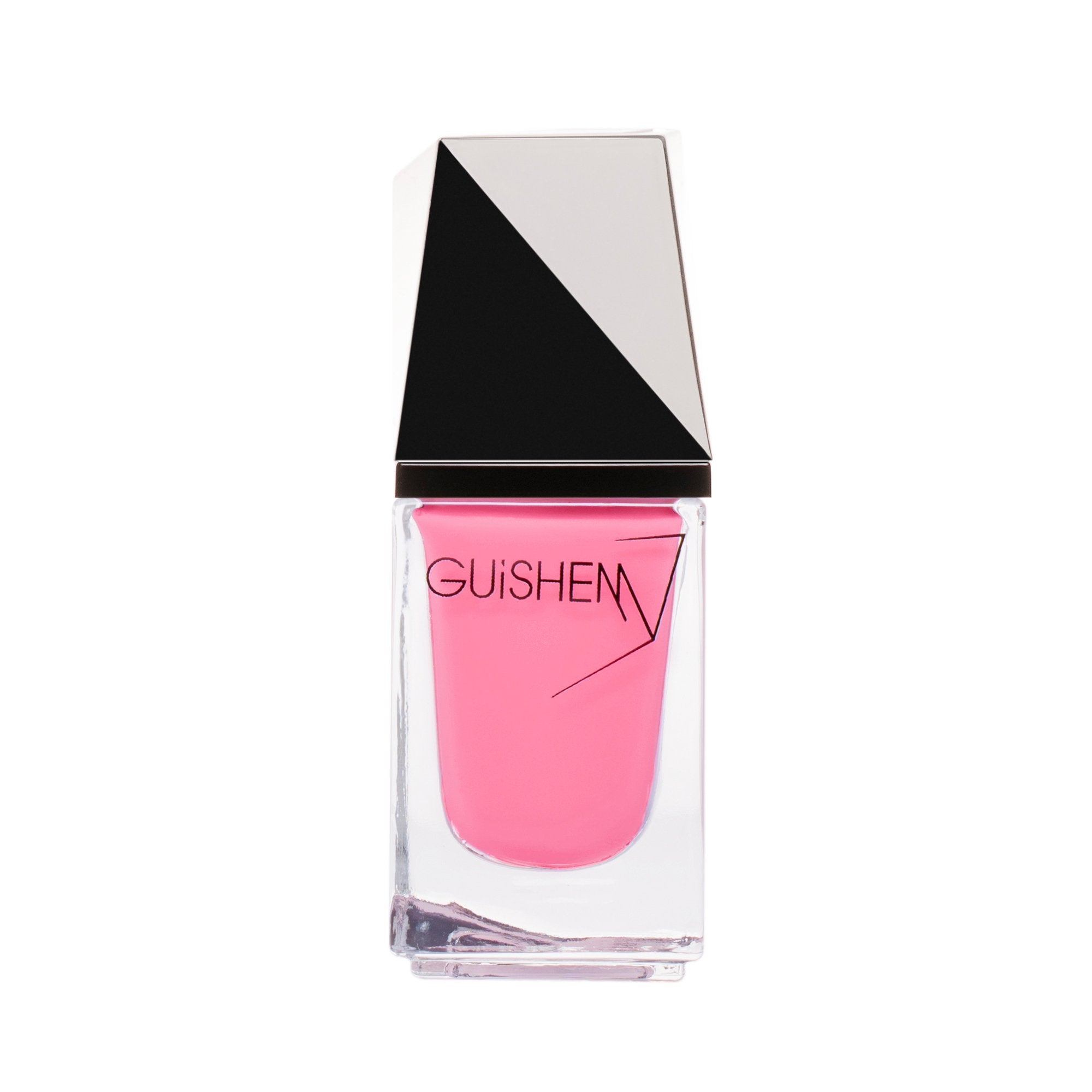 GUiSHEM Premium Nail Lacquer in PARIS PINK, showcasing a bubble gum pink shimmer in a stylish glass bottle with a custom brush.