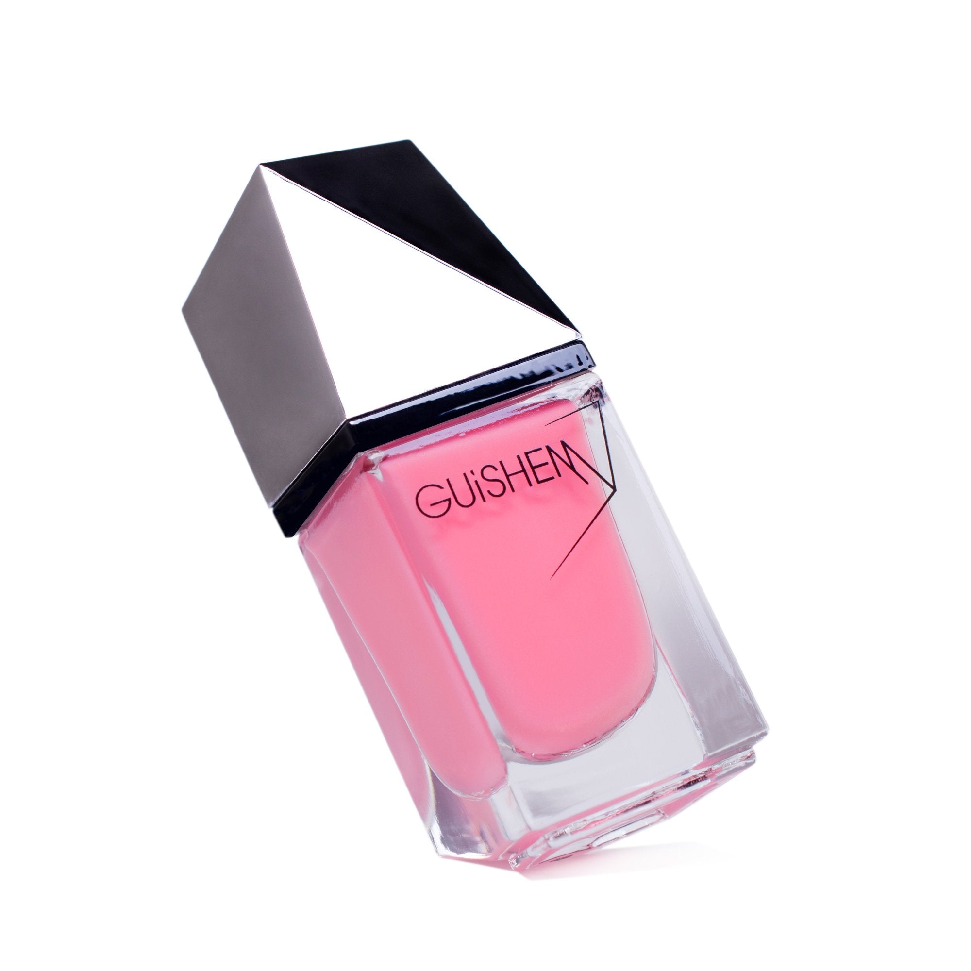 GUiSHEM Premium Nail Lacquer in PARIS PINK, showcasing a bubble gum pink shimmer in a stylish glass bottle with a custom brush.