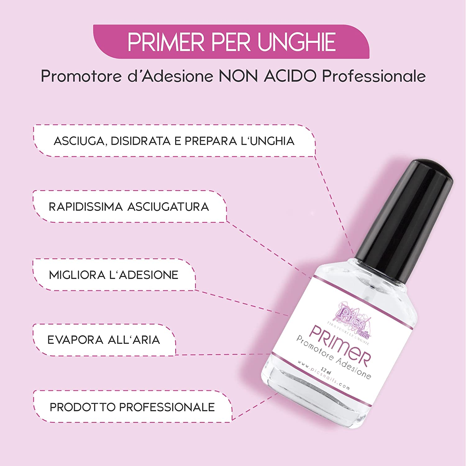 Flacone di Primer Unghie Gel Non Acido Professionale da 12 ml, progettato per migliorare la durata delle unghie ricostruite.