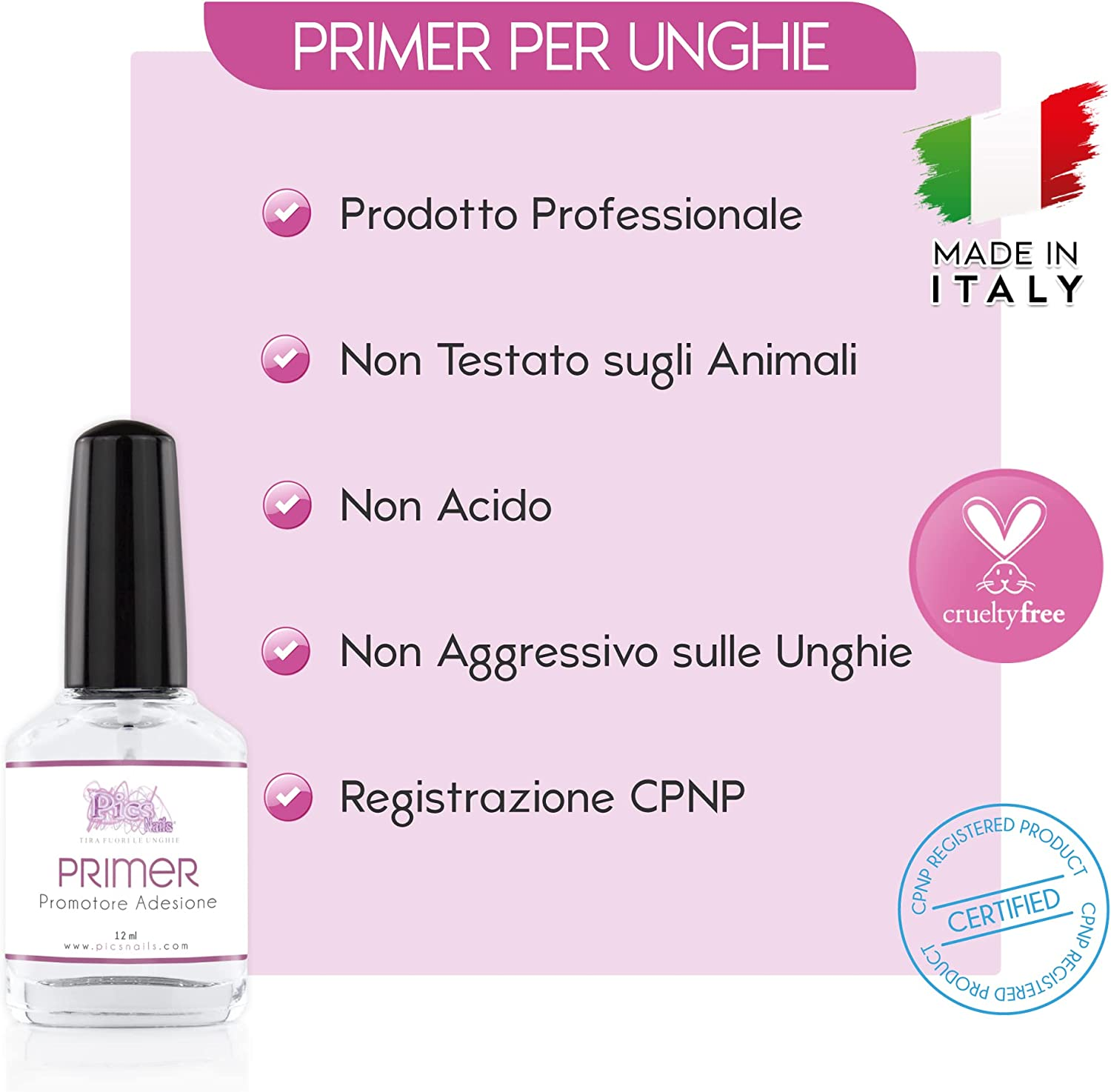 Flacone di Primer Unghie Gel Non Acido Professionale da 12 ml, progettato per migliorare la durata delle unghie ricostruite.