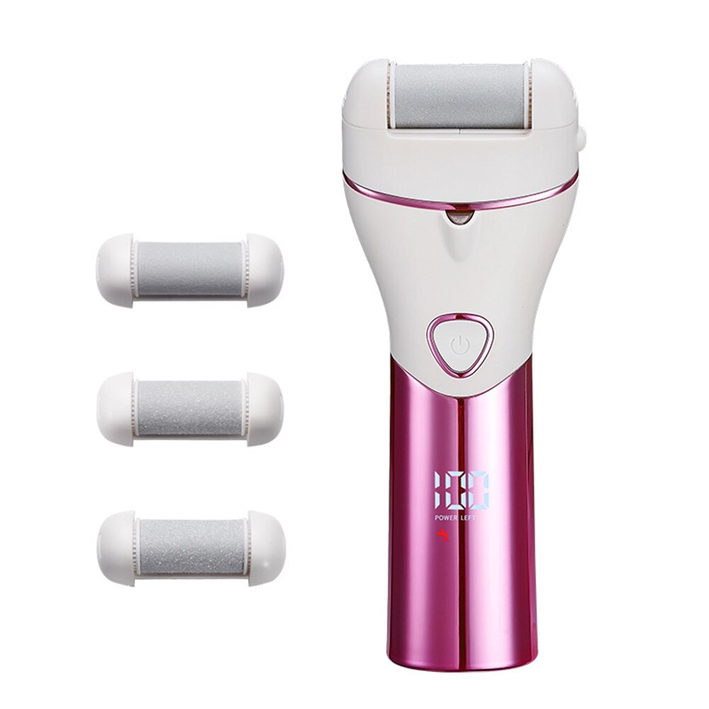 Professional Pedicure Electric Foot File with USB charging, featuring quartz sand grinding heads and a digital display for battery monitoring.