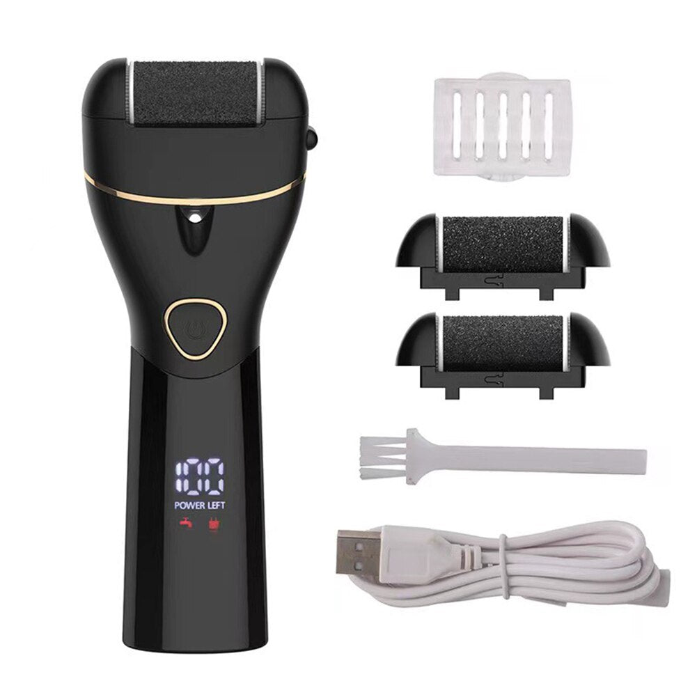 Professional Pedicure Electric Foot File with USB charging, featuring quartz sand grinding heads and a digital display for battery monitoring.