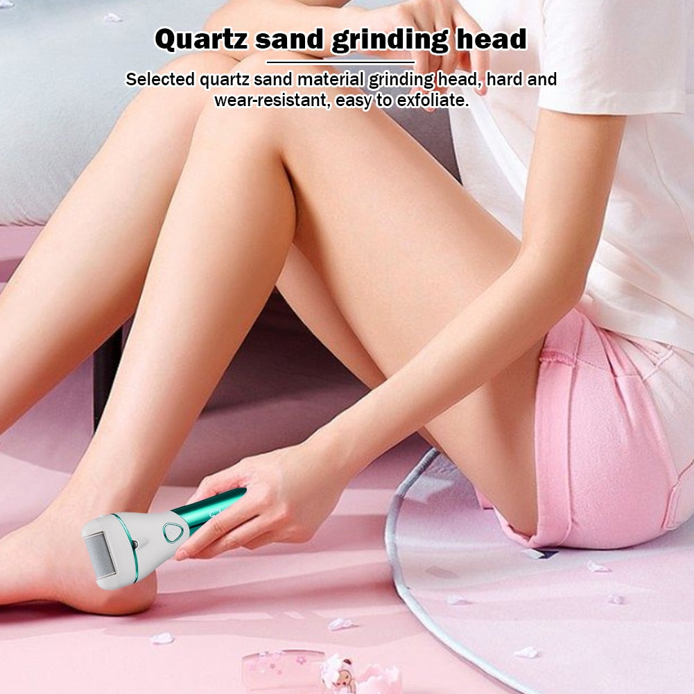 Professional Pedicure Electric Foot File with USB charging, featuring quartz sand grinding heads and a digital display for battery monitoring.