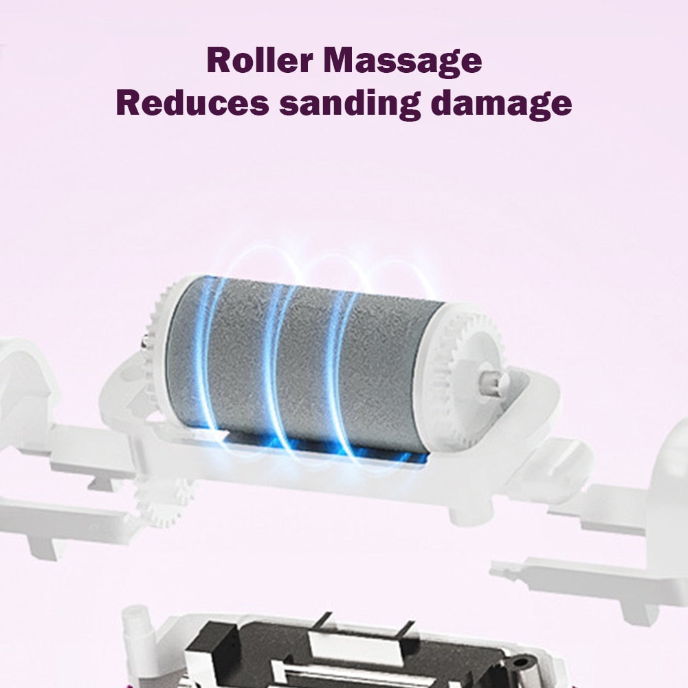 Professional Pedicure Electric Foot File with USB charging, featuring quartz sand grinding heads and a digital display for battery monitoring.