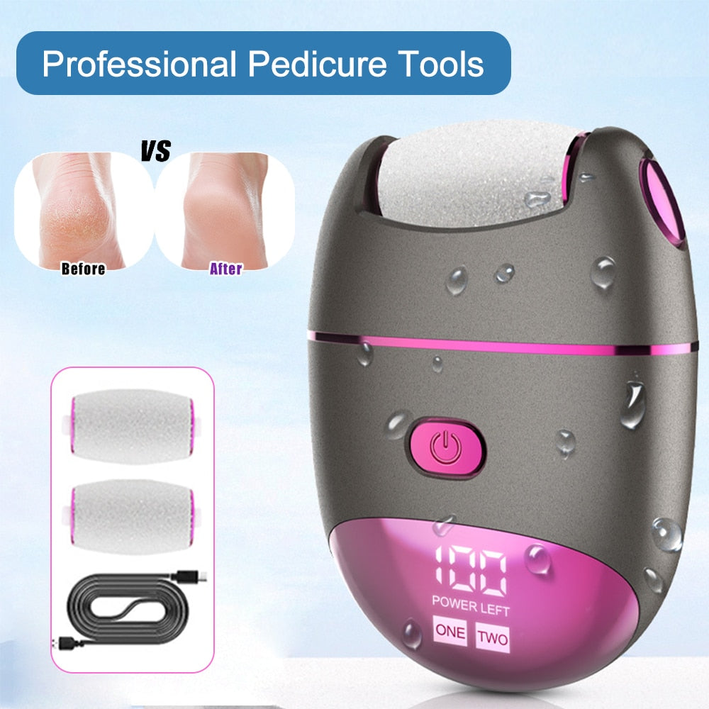 Professional Pedicure Tools Electric Foot File with adjustable speeds and multiple roller heads for effective dead skin removal.