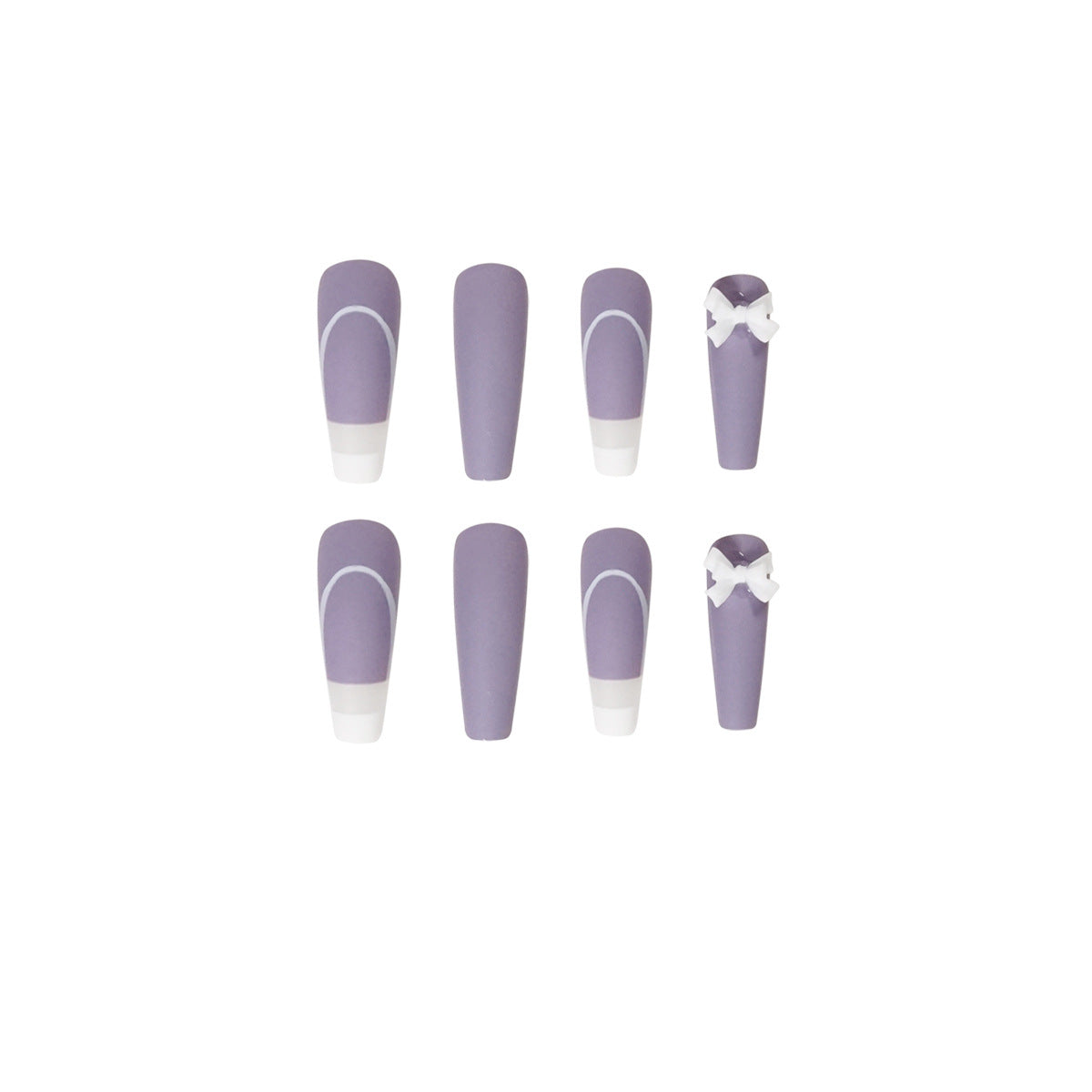 Rattan Purple French Bow Fake Nails set with 24 pieces and glue, showcasing stylish design and various sizes.