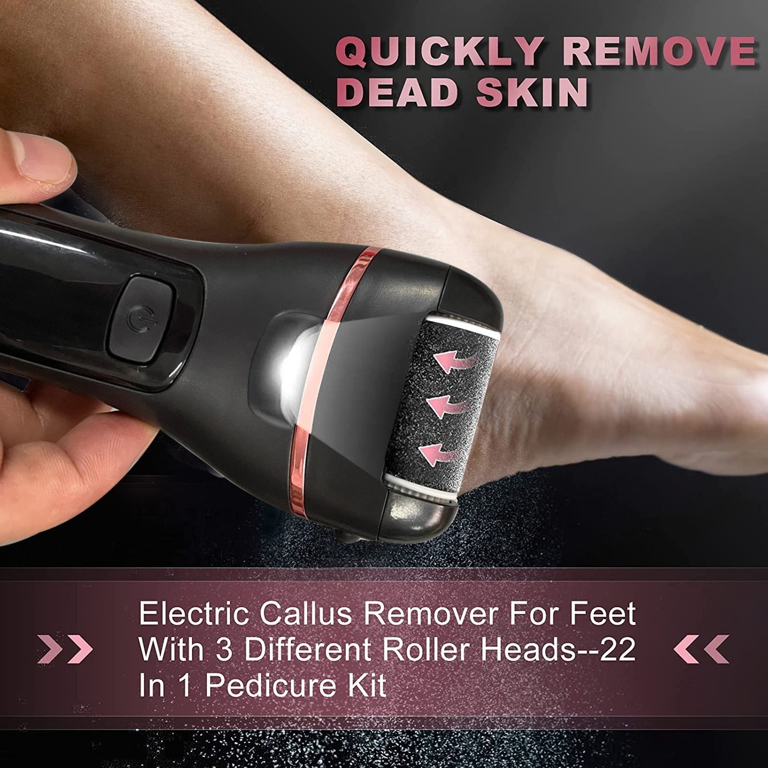 Rechargeable Electric Foot File Callus Remover with LED light and detachable roller heads for effective pedicure care.