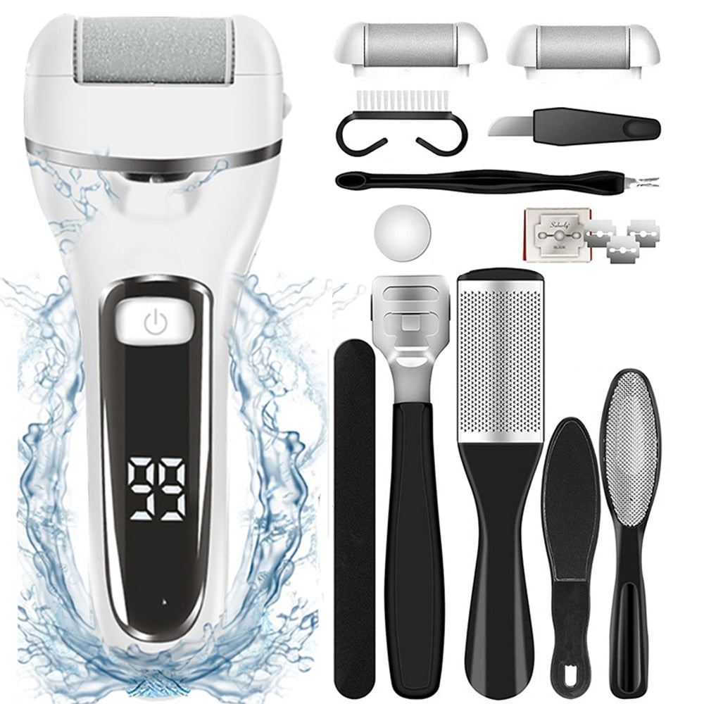 Rechargeable Electric Foot File Callus Remover with LED light and detachable roller heads for effective pedicure care.