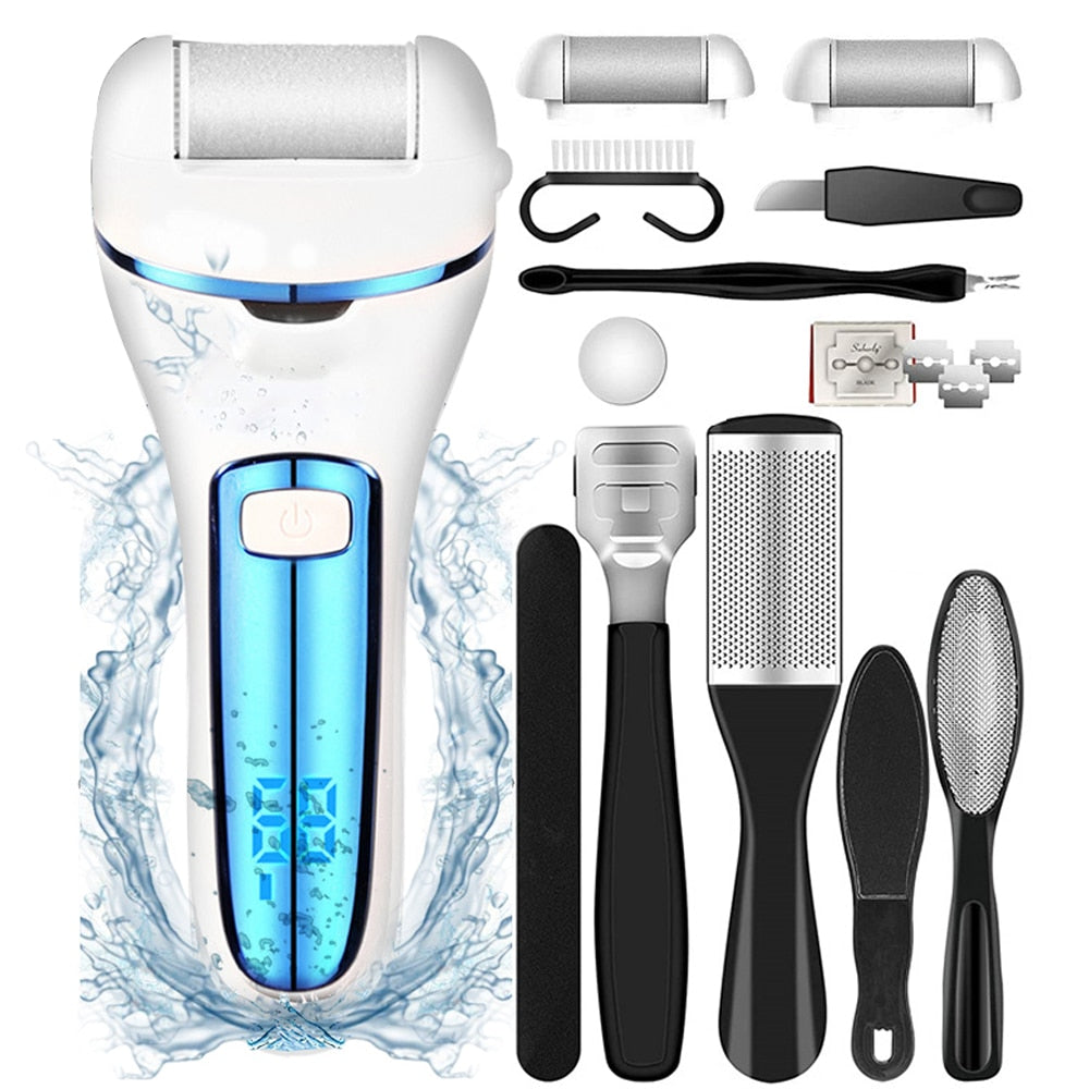 Rechargeable Electric Foot File Callus Remover with LED light and detachable roller heads for effective pedicure care.