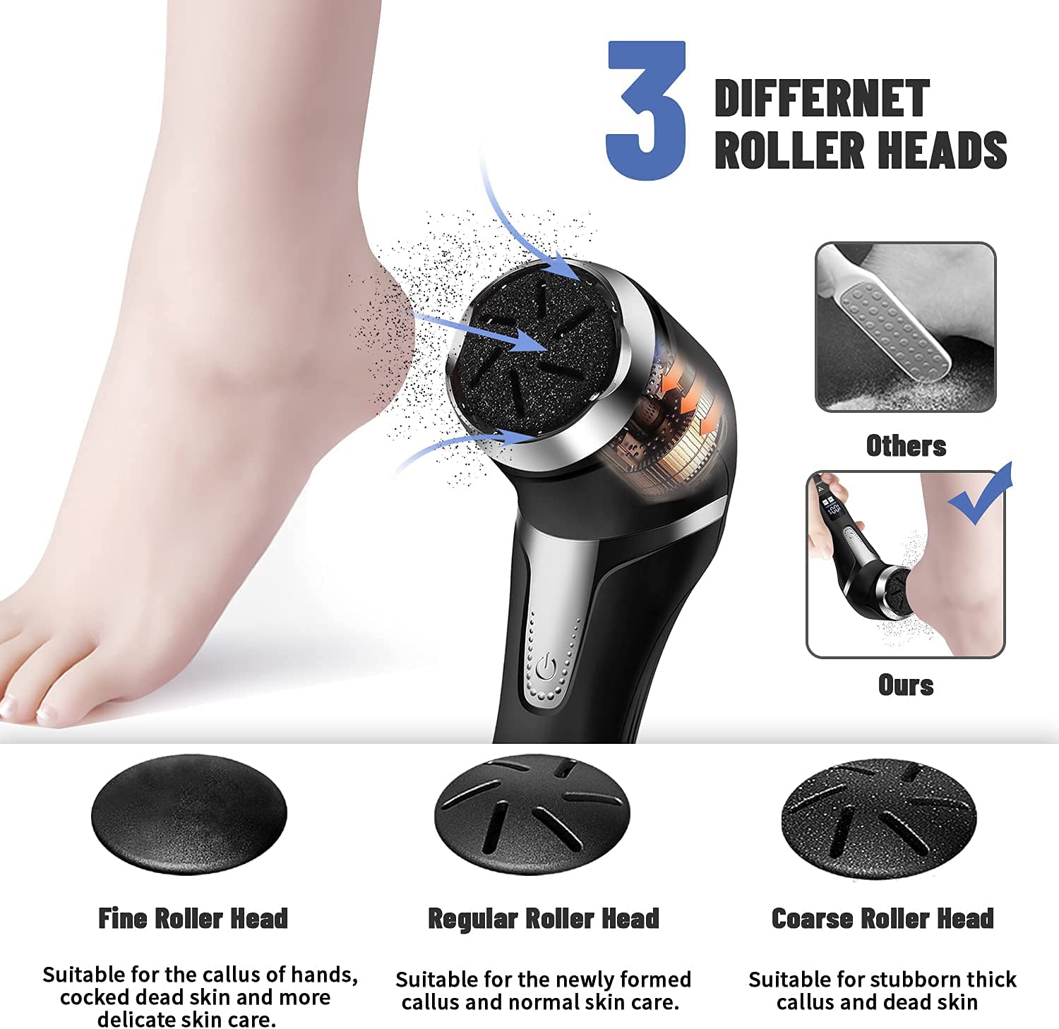 Rechargeable Electric Foot Rasp with quartz sand roller heads and built-in vacuum for effective foot care.