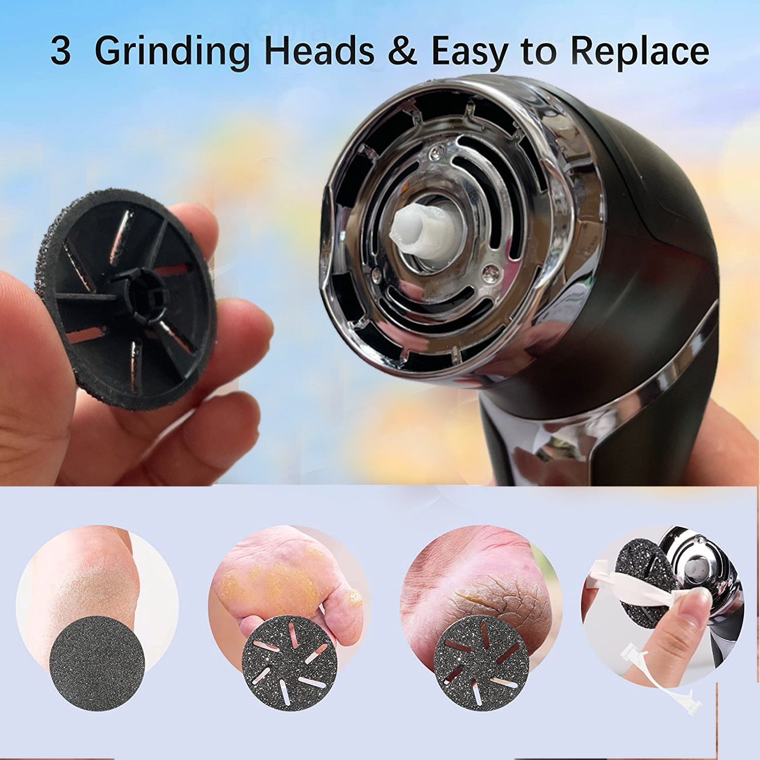 Rechargeable Electric Foot Rasp with quartz sand roller heads and built-in vacuum for effective foot care.