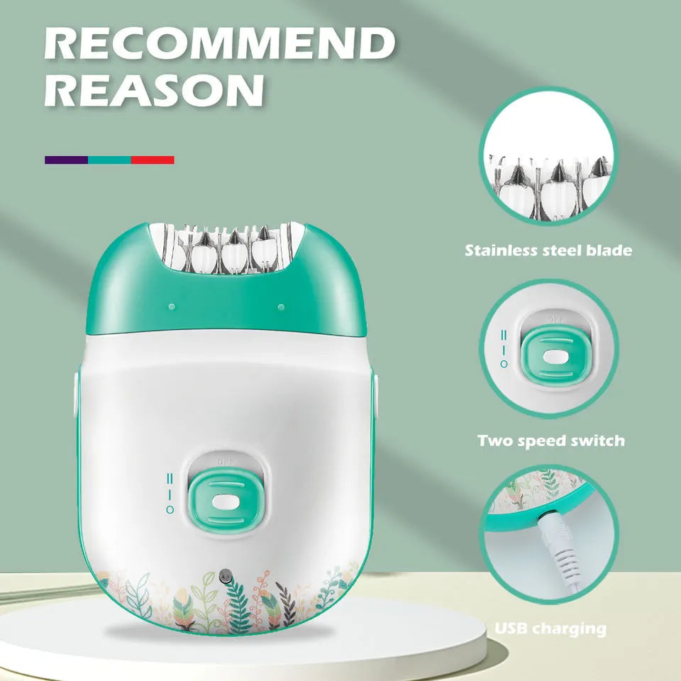 Rechargeable Women Epilator with stainless steel blade and USB charging cable, designed for facial hair removal.