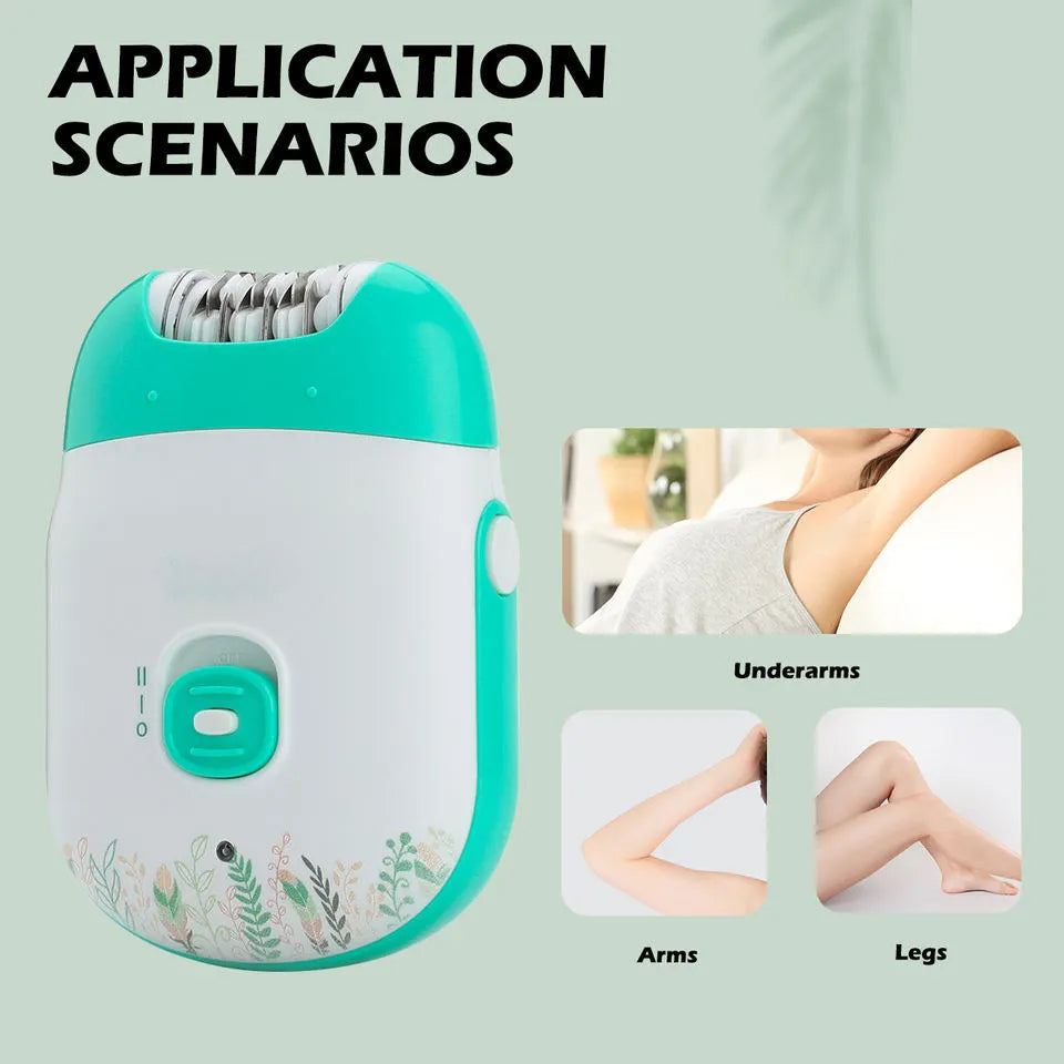 Rechargeable Women Epilator with stainless steel blade and USB charging cable, designed for facial hair removal.