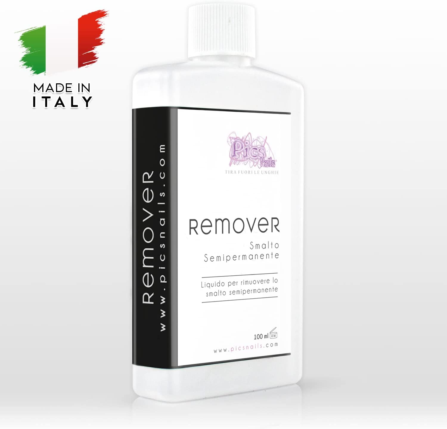 Flacone di Remover Smalto Semipermanente Acetone Puro 100 ml, ideale per la rimozione dello smalto semipermanente senza danneggiare le unghie.