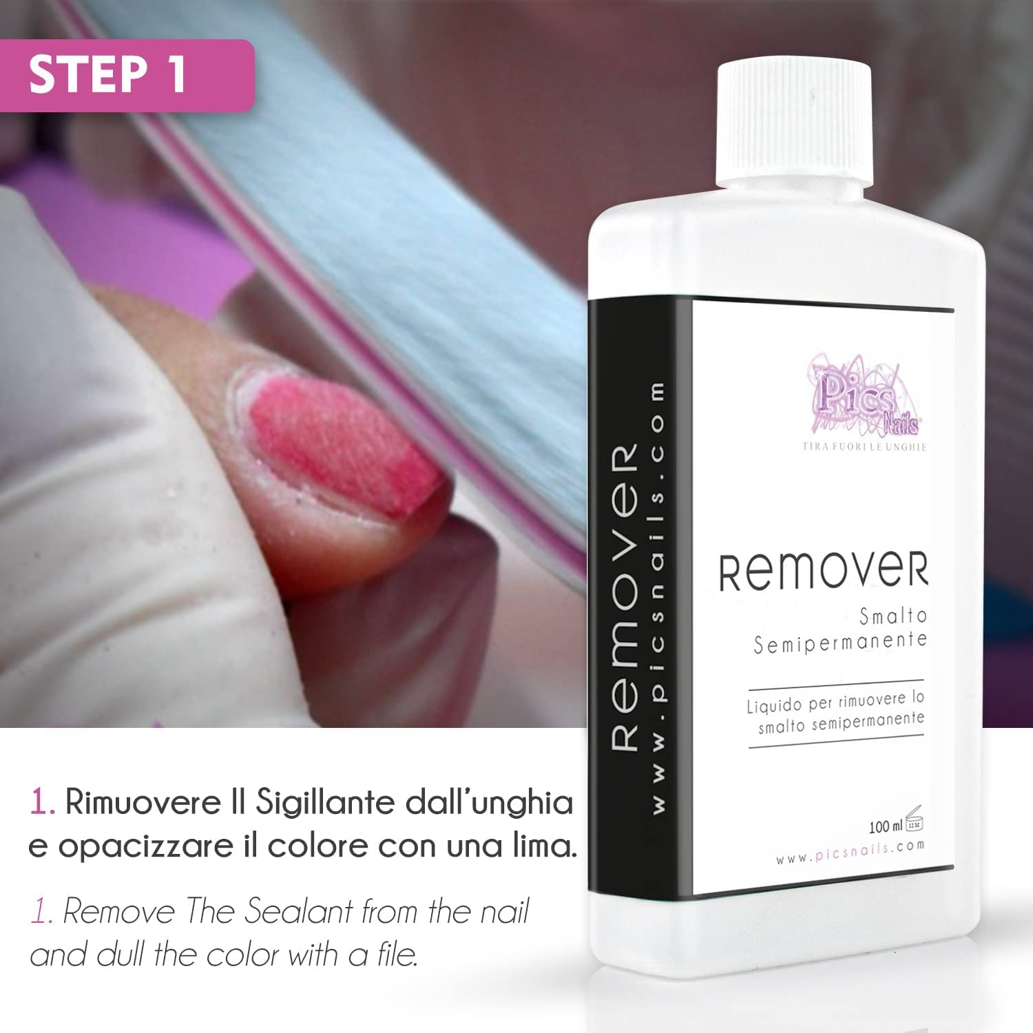 Flacone di Remover Smalto Semipermanente Acetone Puro 100 ml, ideale per la rimozione dello smalto semipermanente senza danneggiare le unghie.