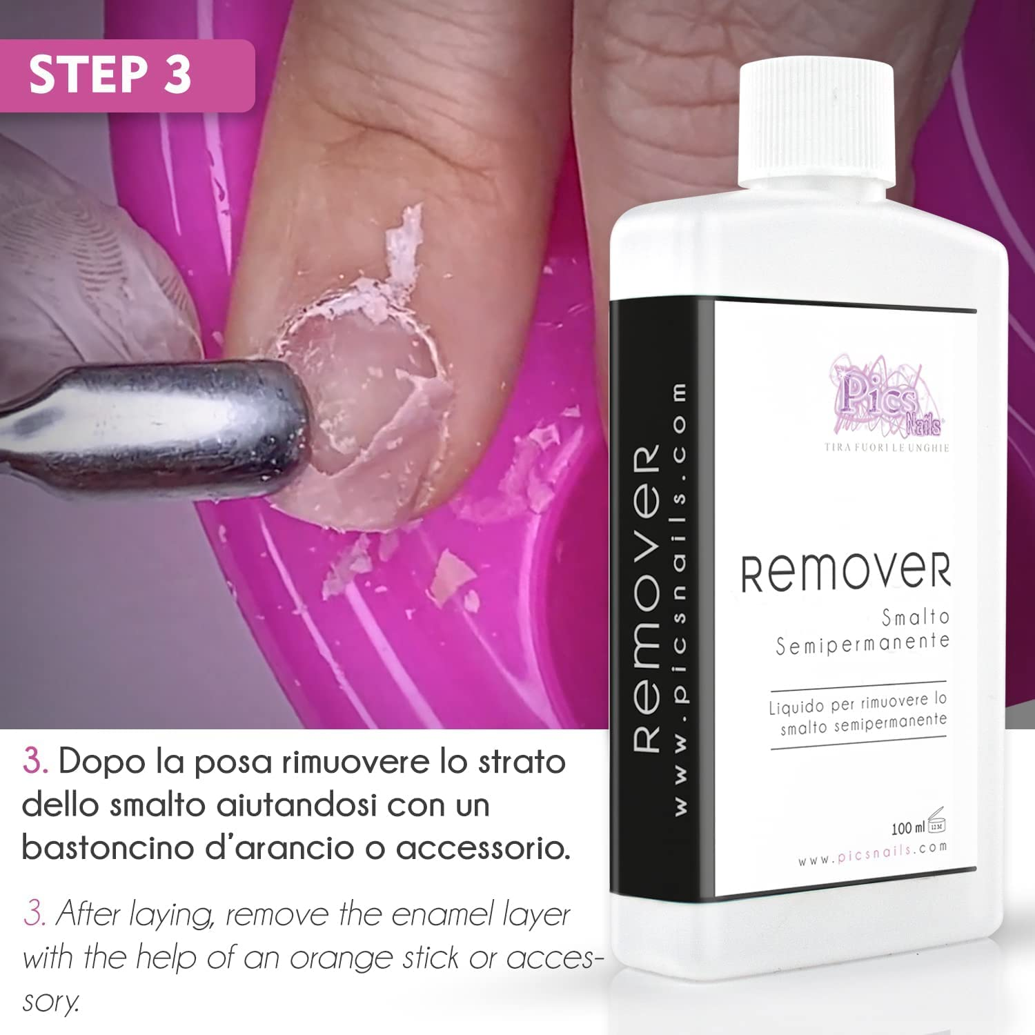 Flacone di Remover Smalto Semipermanente Acetone Puro 100 ml, ideale per la rimozione dello smalto semipermanente senza danneggiare le unghie.