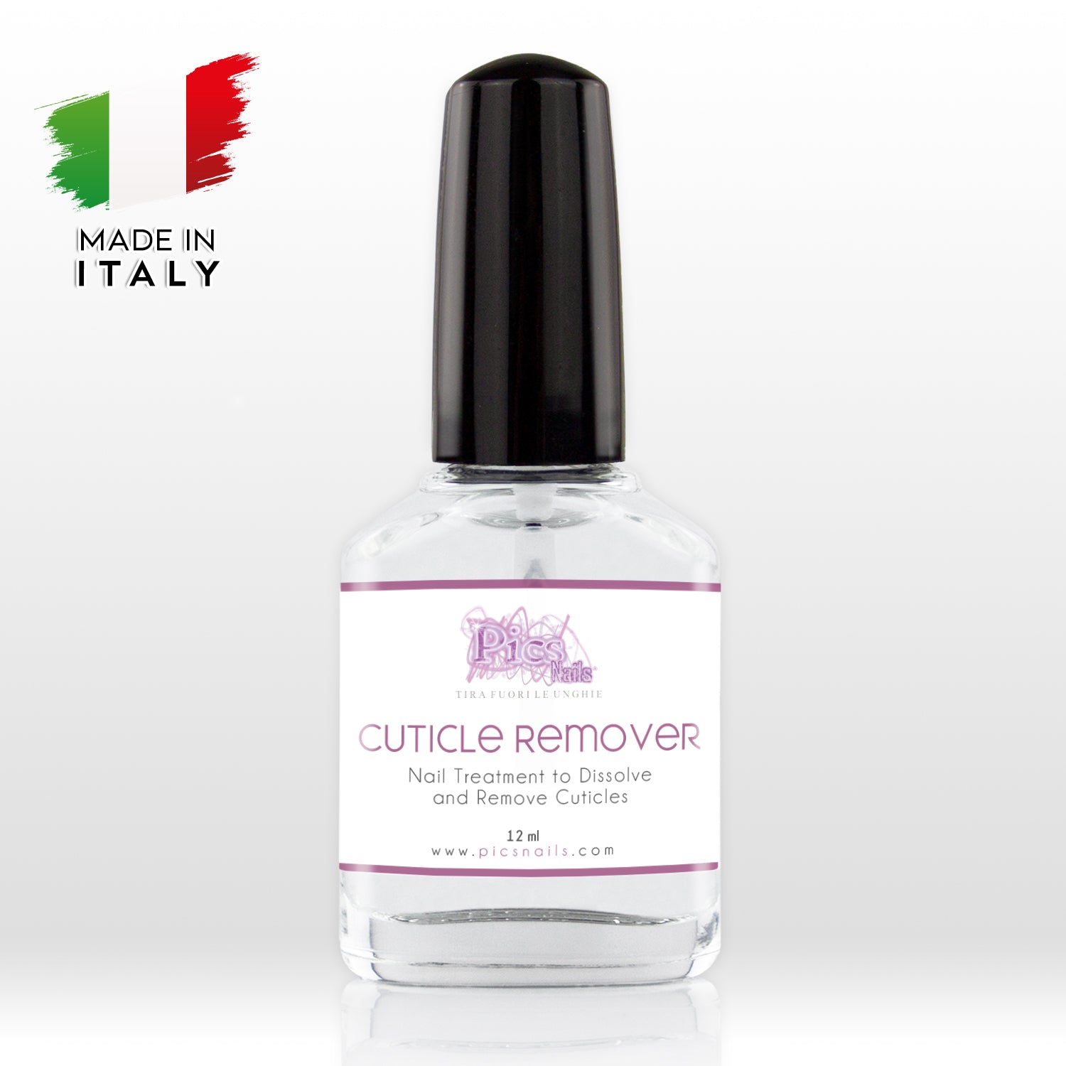 Flacone di Rimuovi Cuticole Unghie Di Mani E Piedi Professionale 12 ml, con etichetta chiara e design elegante, ideale per la cura delle unghie.