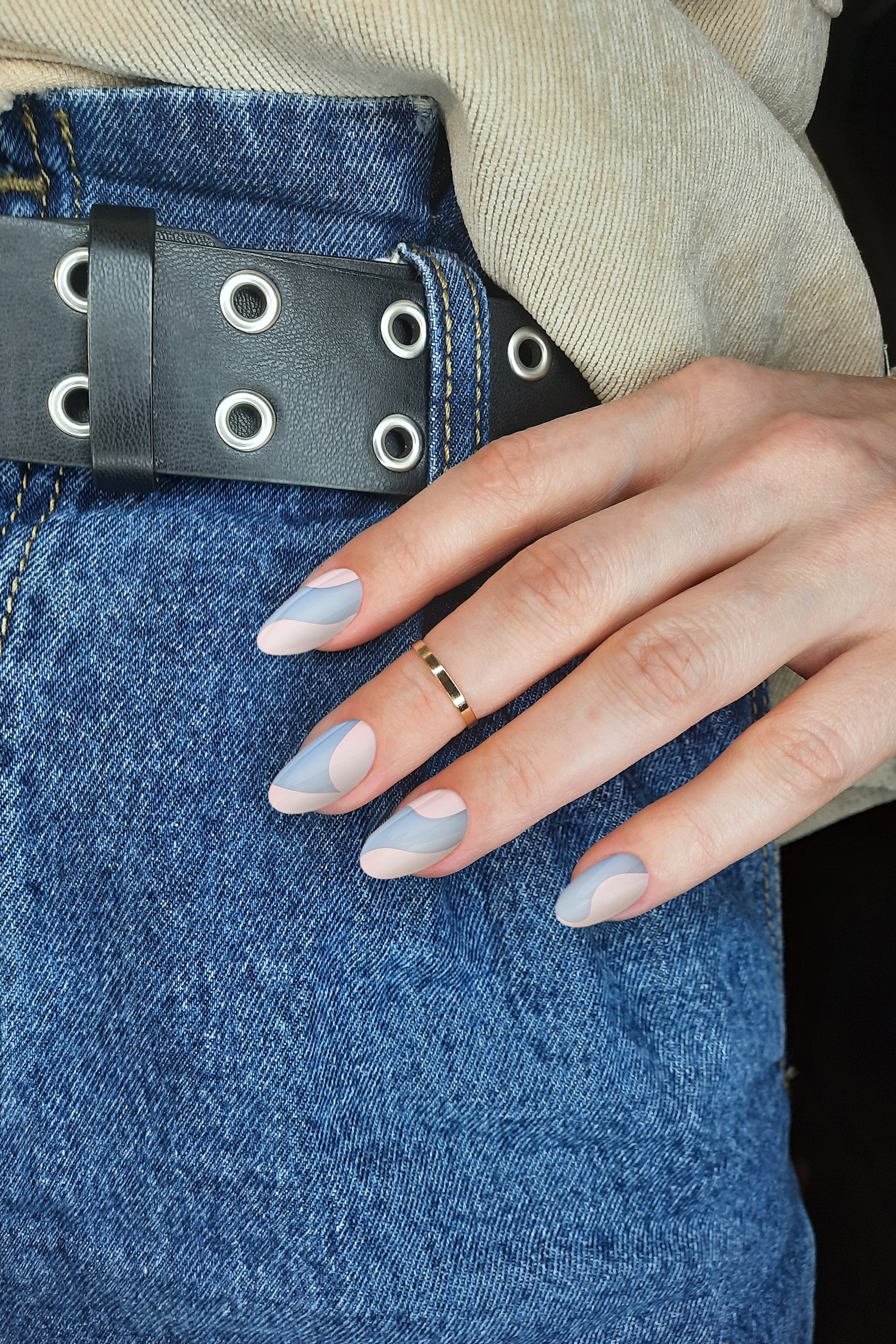 Sweet Cream press-on nails featuring pastel blue and soft neutral swirls, elegantly designed for a stylish manicure.