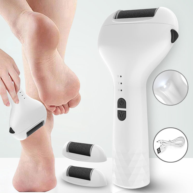 USB Charging Hard Dry Skin Cuticle Cocoon Removal device with three roller heads and charging cable, designed for effective foot care.