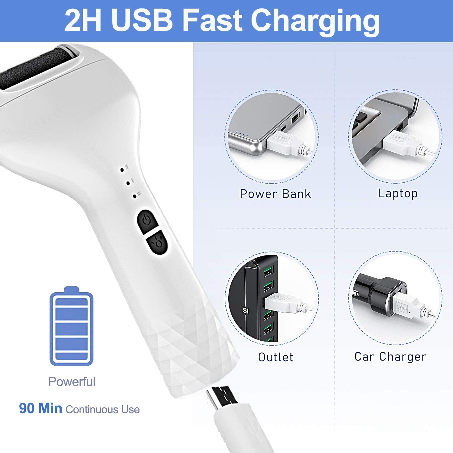 USB Charging Hard Dry Skin Cuticle Cocoon Removal device with three roller heads and charging cable, designed for effective foot care.