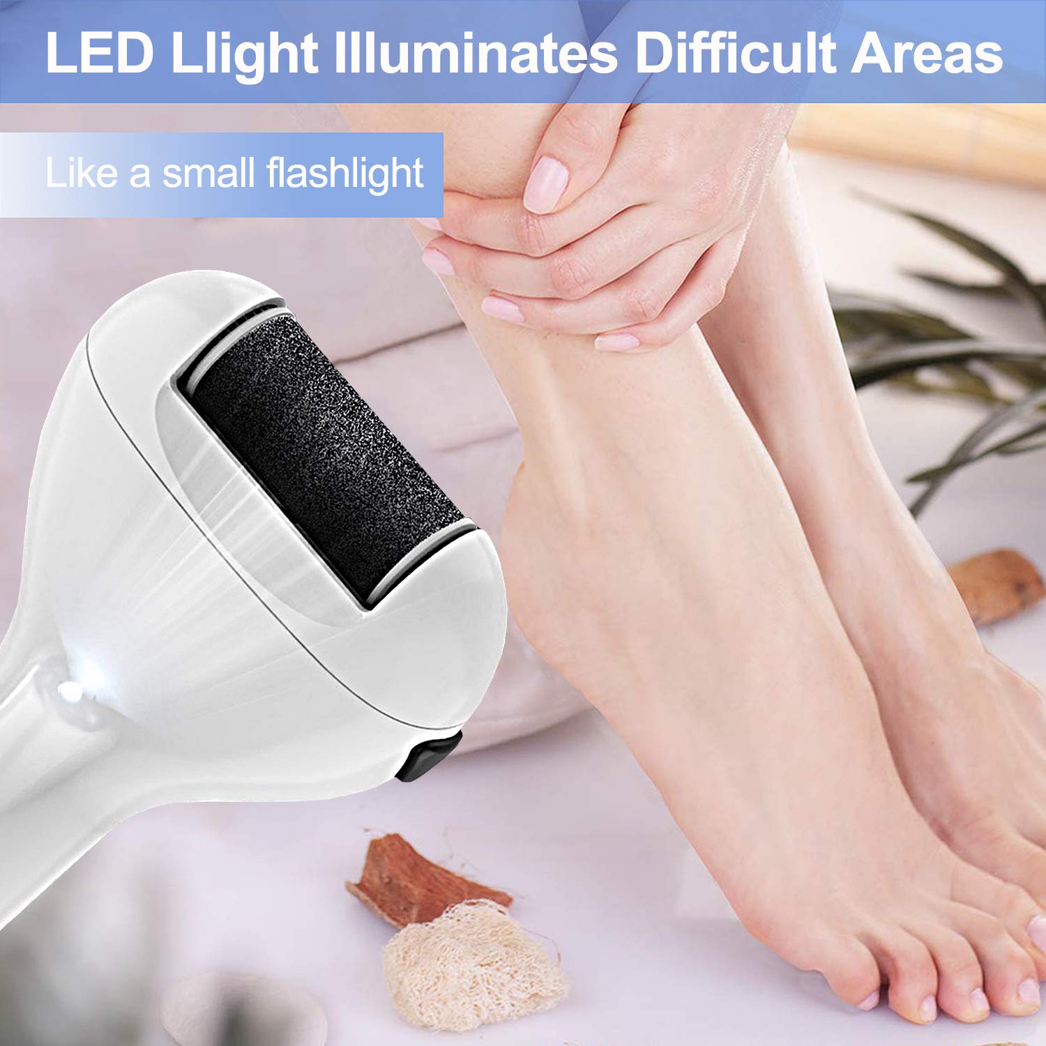 USB Charging Hard Dry Skin Cuticle Cocoon Removal device with three roller heads and charging cable, designed for effective foot care.