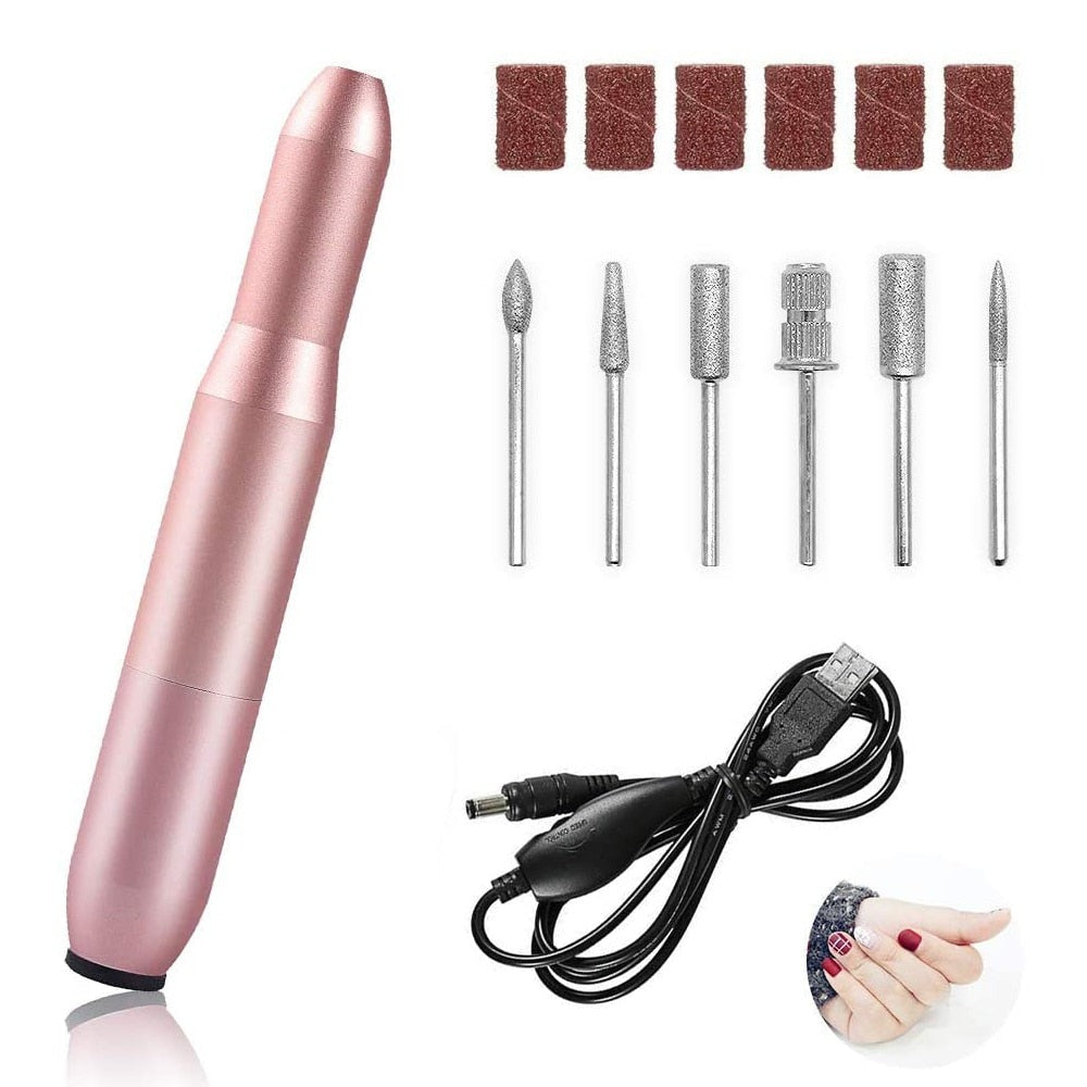 USB Electric Nail File Nail Sander with drill bits and accessories for professional manicure.