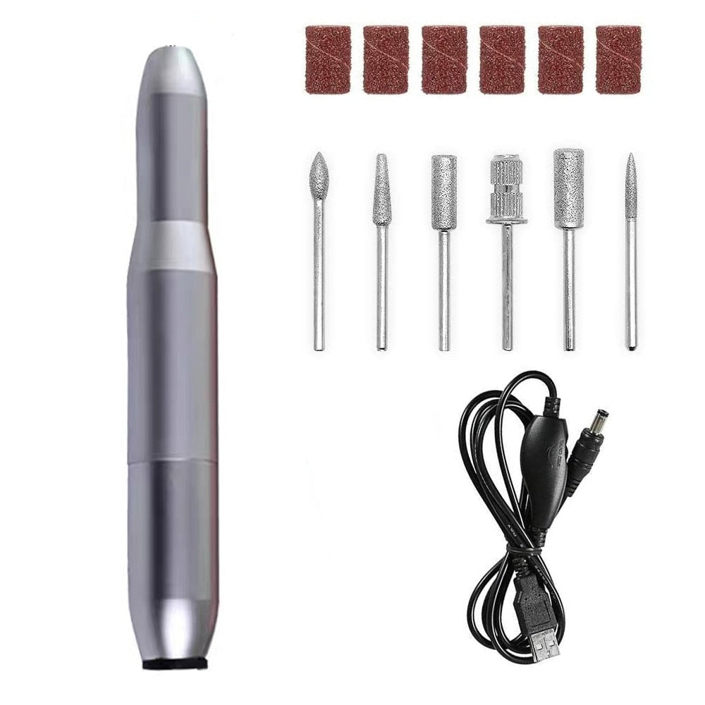 USB Electric Nail File Nail Sander with drill bits and accessories for professional manicure.